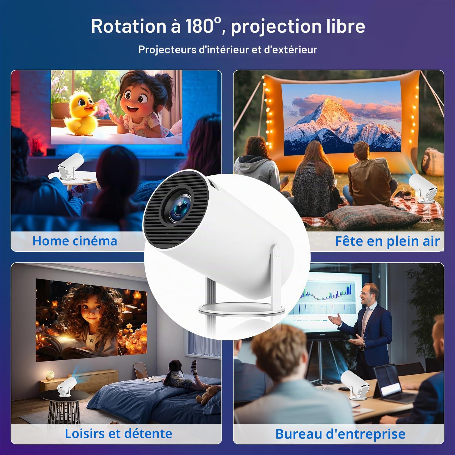 Mini projecteur HY300 Pro, projecteur portable avec double bande WIFI6 5G sans fil 5.4 Bluetooth, projecteur intelligent prend en charge 4K 1080p, correction automatique de la distorsion trapézoïdale