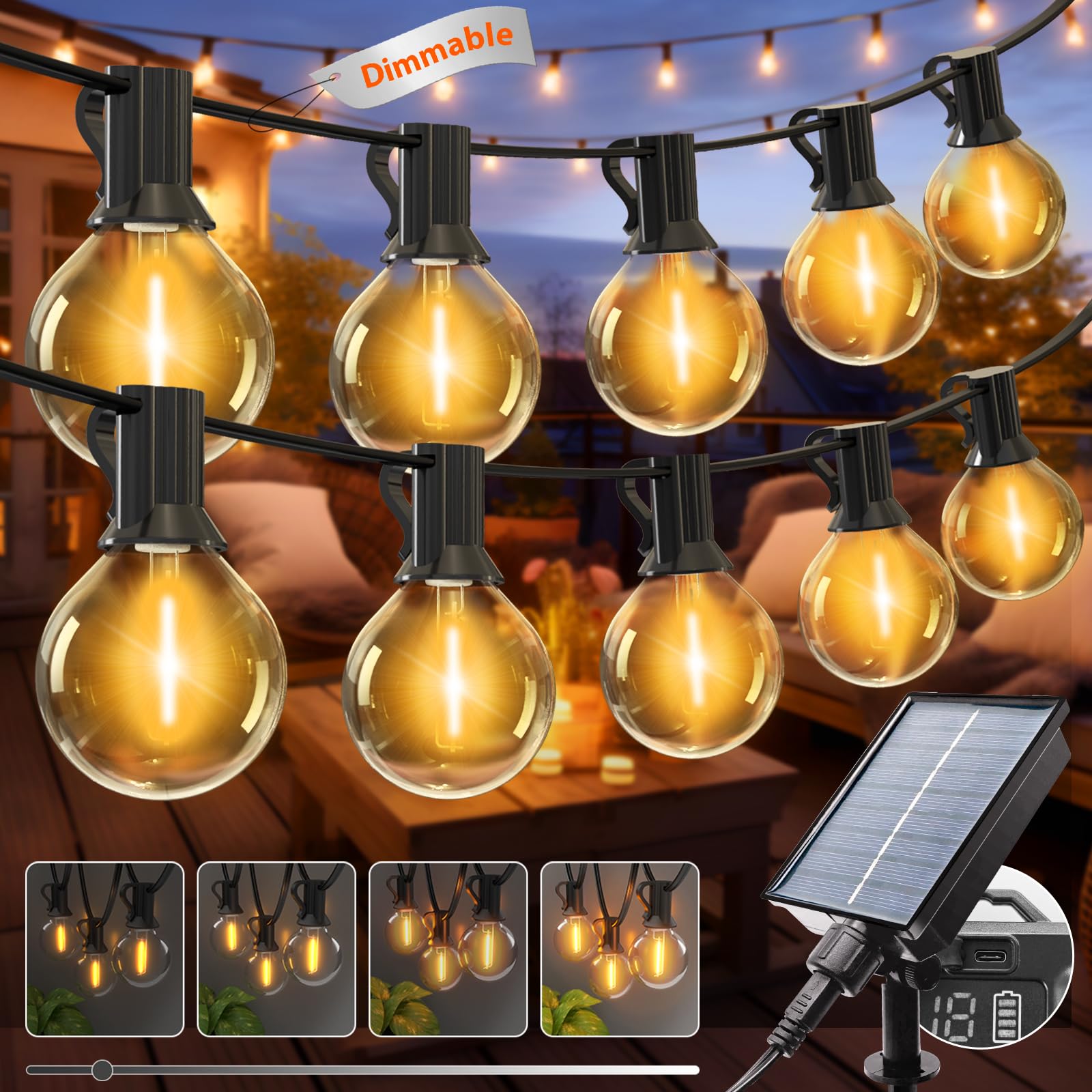 kolpop 2 Stück Lichterkette Außen Solar, 10M 8 Modi G40 Dimmbar Glühbirnen Solar Lichterkette Aussen Wetterfest, Wasserdicht Solarlichterkette für Balkon Garten Outdoor Terrasse Vorzelt, Warmweiß