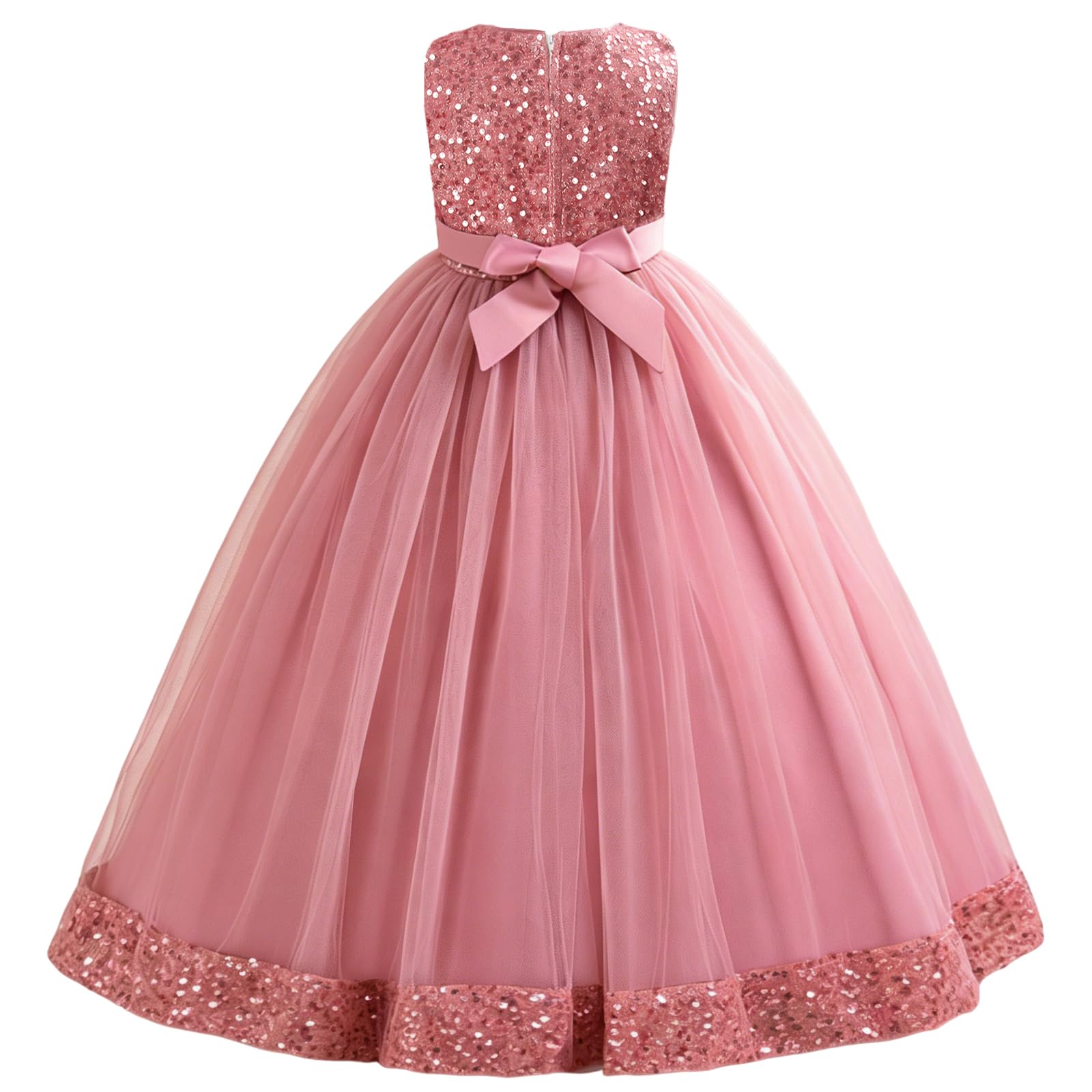 Discoball Abito da bambina senza maniche con fiocco con paillettes, lunghezza fino al pavimento, abito da principessa per matrimoni, feste, tutù, vestito lungo per bambini 8-11 anni
