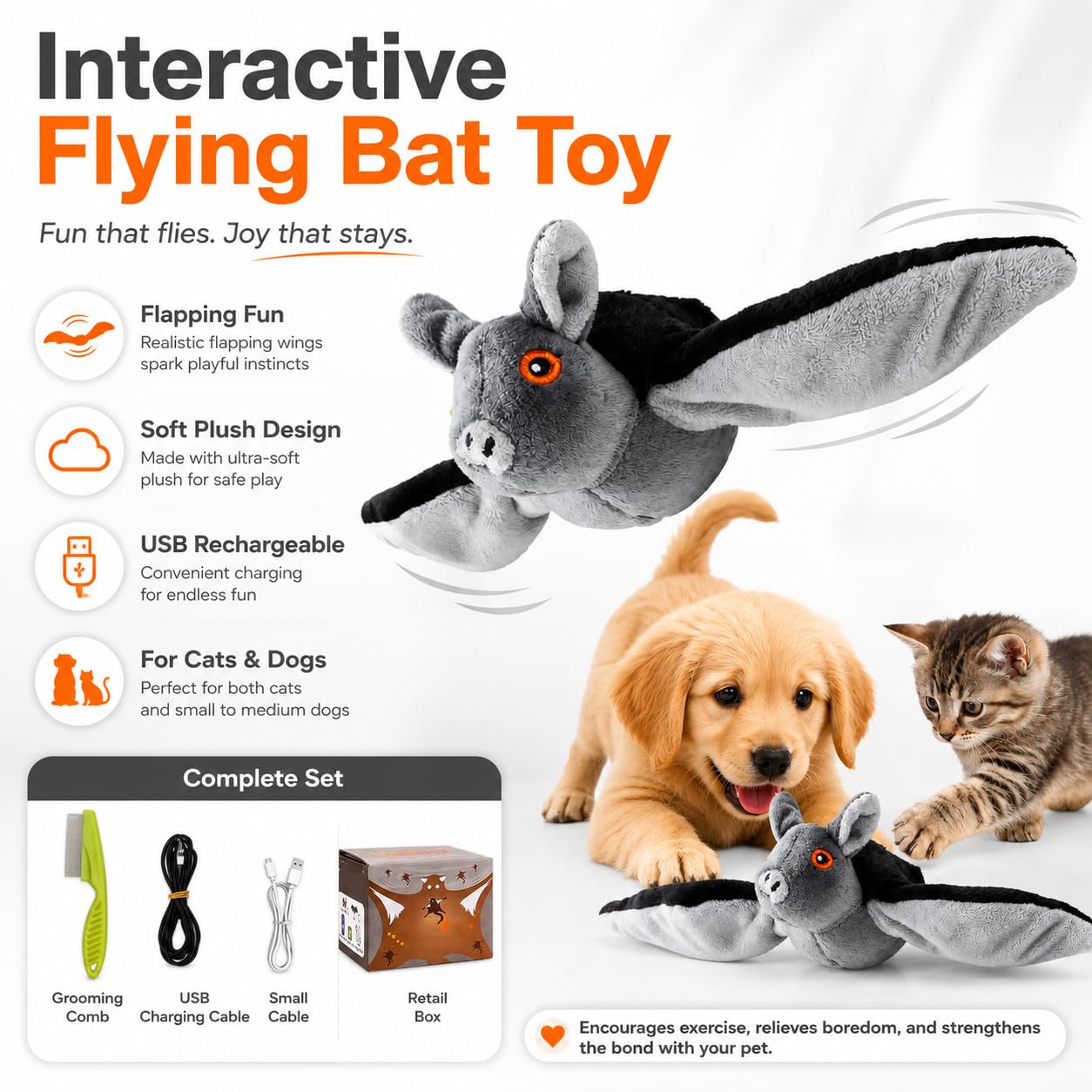 Juguete de murciélago volador para perros, juguete interactivo realista para mascotas con sonidos de chirping, juguete eléctrico de murciélago para perros y gatos, juguete de persecución y ejercicio