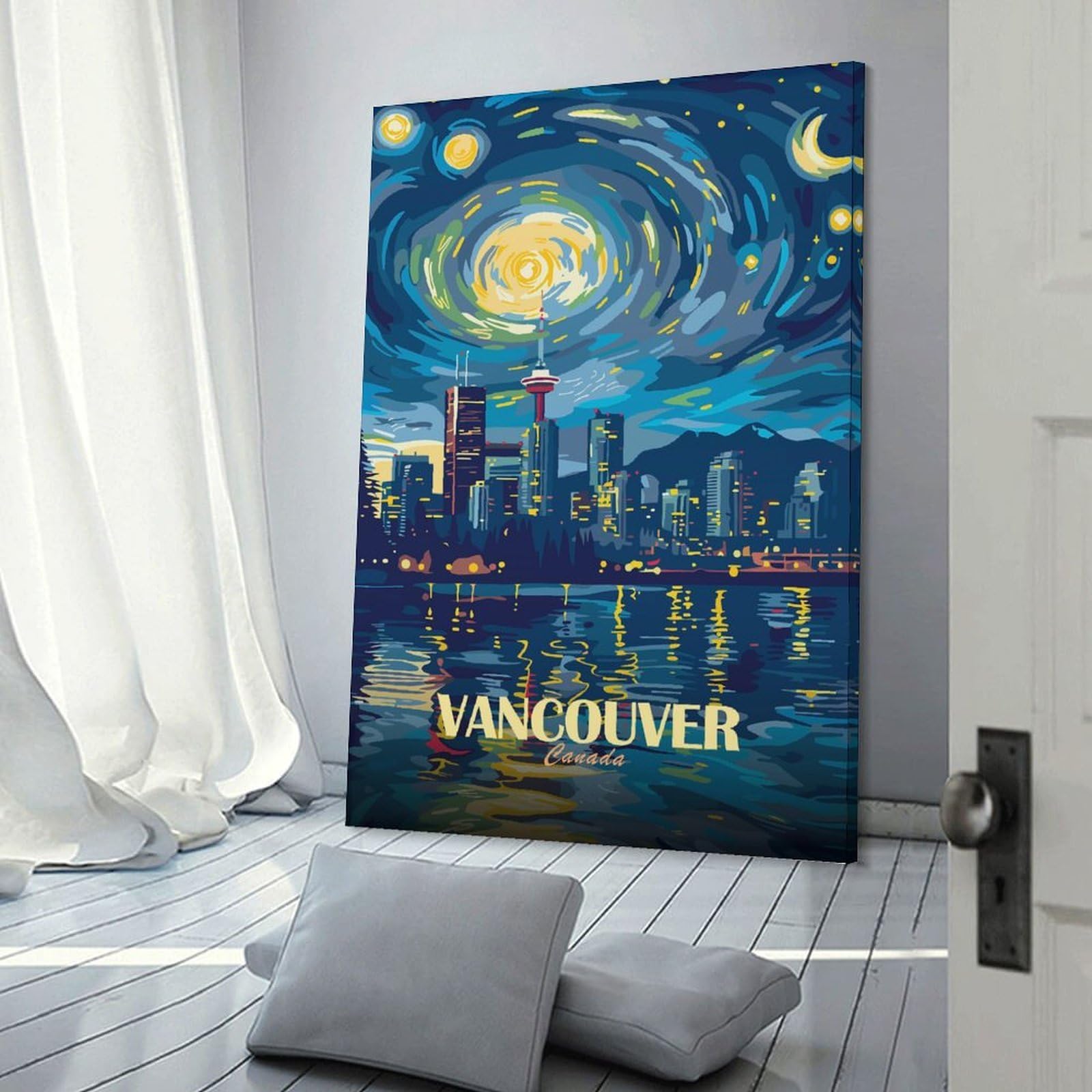 Junmoney Wall Decor Canvas Print Vancouver Canada Night Skyline Art, 16x24inch(40x60cm), for Front Hall, Corridor Or Welcome Spaces, A Neat Decor Update for Hallways