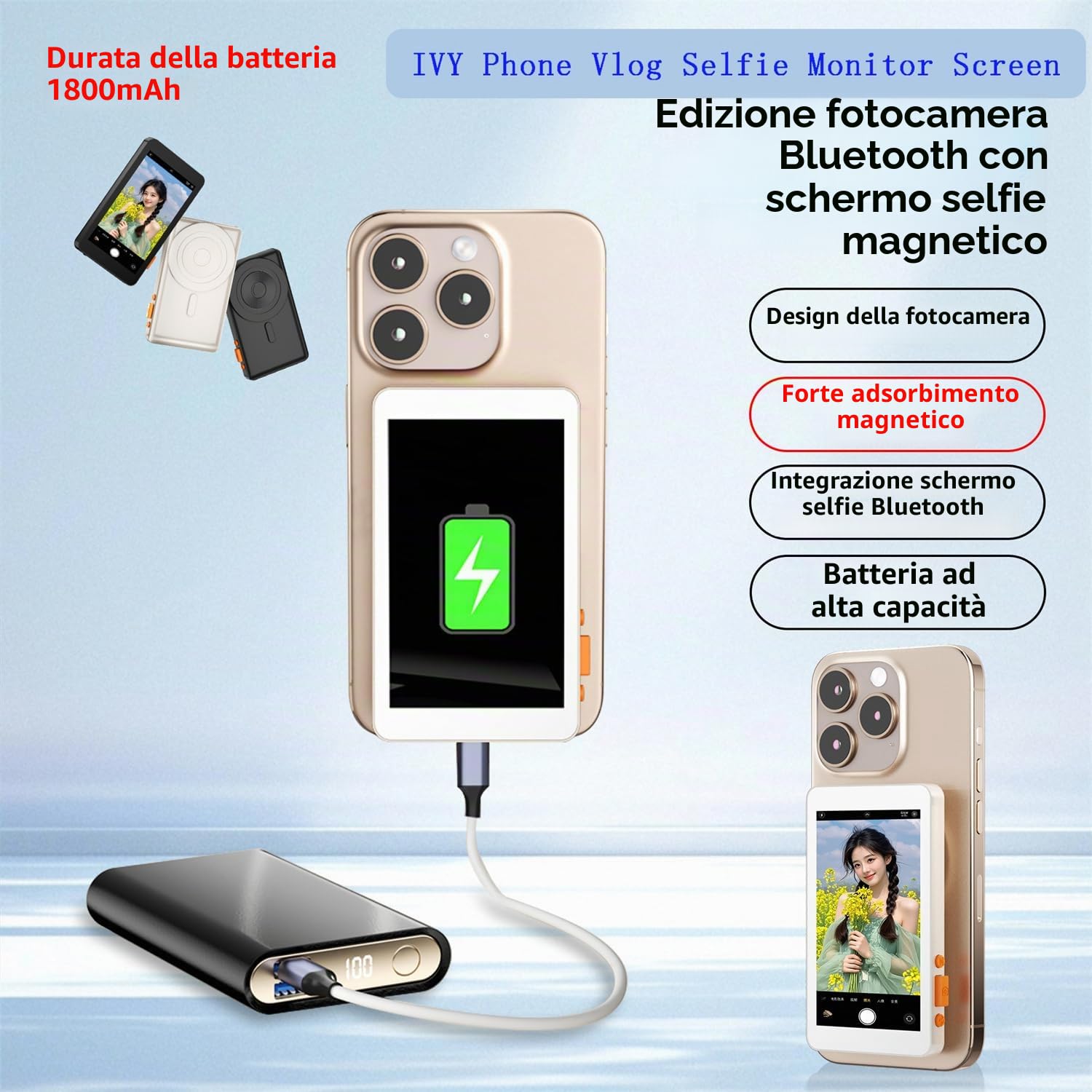 JZ Monitor per selfie Vlog per telefono, fotocamera posteriore, registrazione selfie TikTok/YouTube Live Stream, supporto magnetico wireless 1080p HD, monitor per selfie compatibile con iPhone e