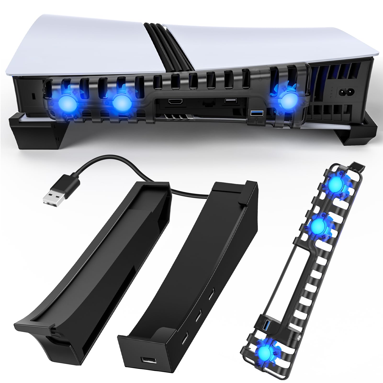 FASTSNAIL Soporte horizontal y ventilador de refrigeración para PS5 Pro/Slim Digital/Disco, estación de carga de controlador con 4 concentradores USB, ventilador silencioso separado de alta velocidad