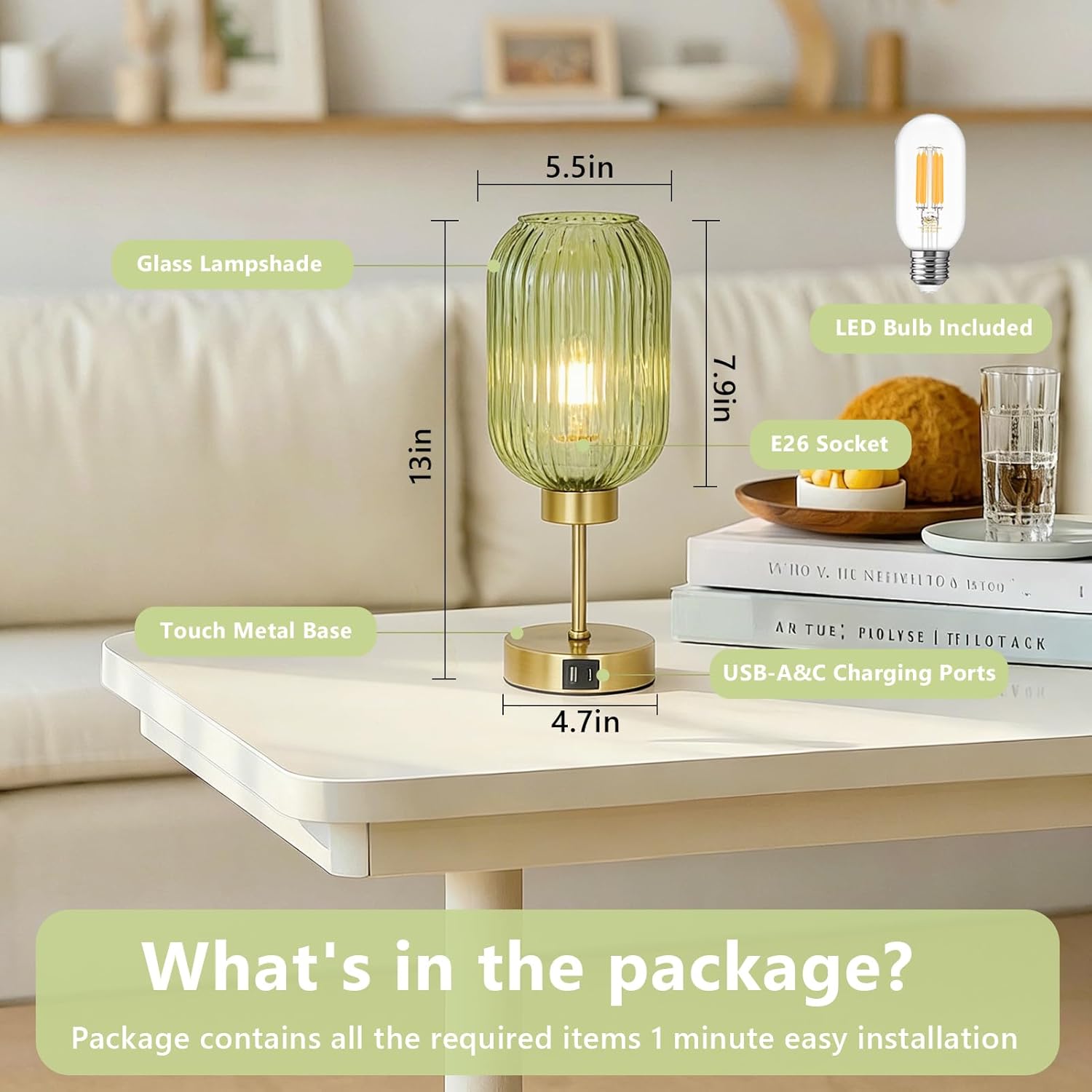 LAMSU Vintage Table Lamp for Bedroom with Bulb, Small Green Glass Beside Lamp with USB Ports, 3 Way Dimmable Gold Desk Lamp, Mid Century Modern Nightstand Lamp for Living Room, Office, Home Decor