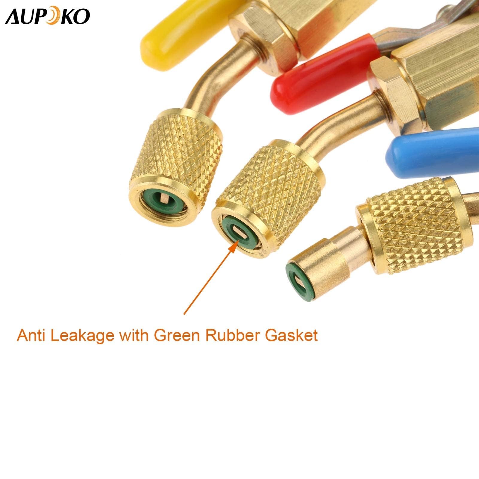 Aupoko Set di tubi di ricarica R134A, R410A, R22, R12, 3 tubi con codice colore e valvola a sfera, filettatura SAE 1/4" per kit di manutenzione AC HVAC e aria condizionata