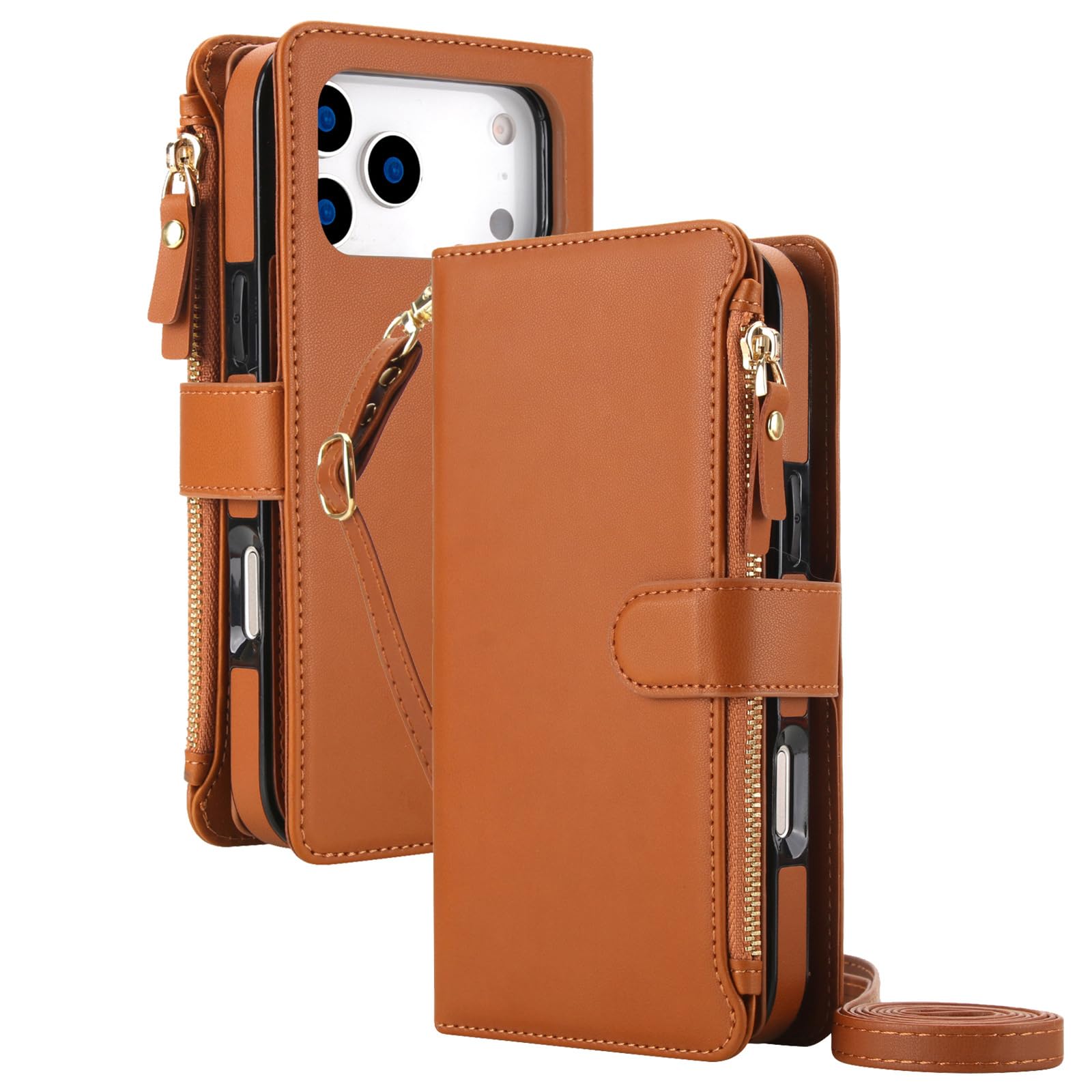 FDUJINH Wallet Case for Iphone 17 Pro Max/17 Pro/17 Air/17, High Capacity Flip Leather Cover Magnetic Detachable Crossbody Strap Shell,Brown,17
