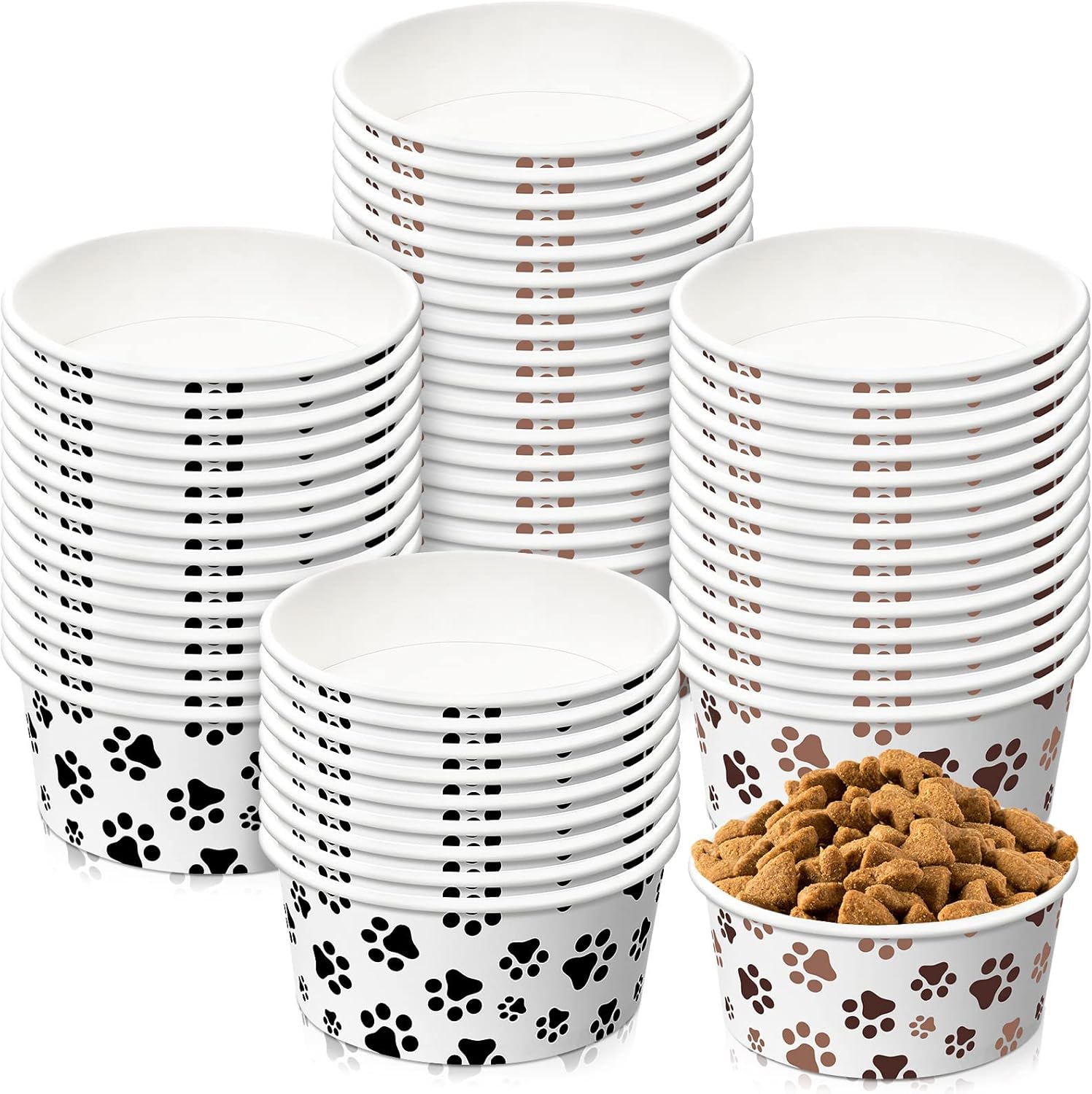 80 Packs Disposable Dog Bowls 12 Oz/1.5 Cup Pet Feeding Bowl for Small Dogs, Cats - Leakproof Paw Paper Pet Bowl for Wet Food, Water