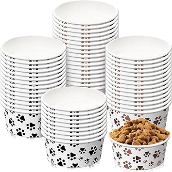 80 Packs Disposable Dog Bowls 12 Oz/1.5 Cup Pet Feeding Bowl for Small Dogs, Cats - Leakproof Paw Paper Pet Bowl for Wet Food, Water