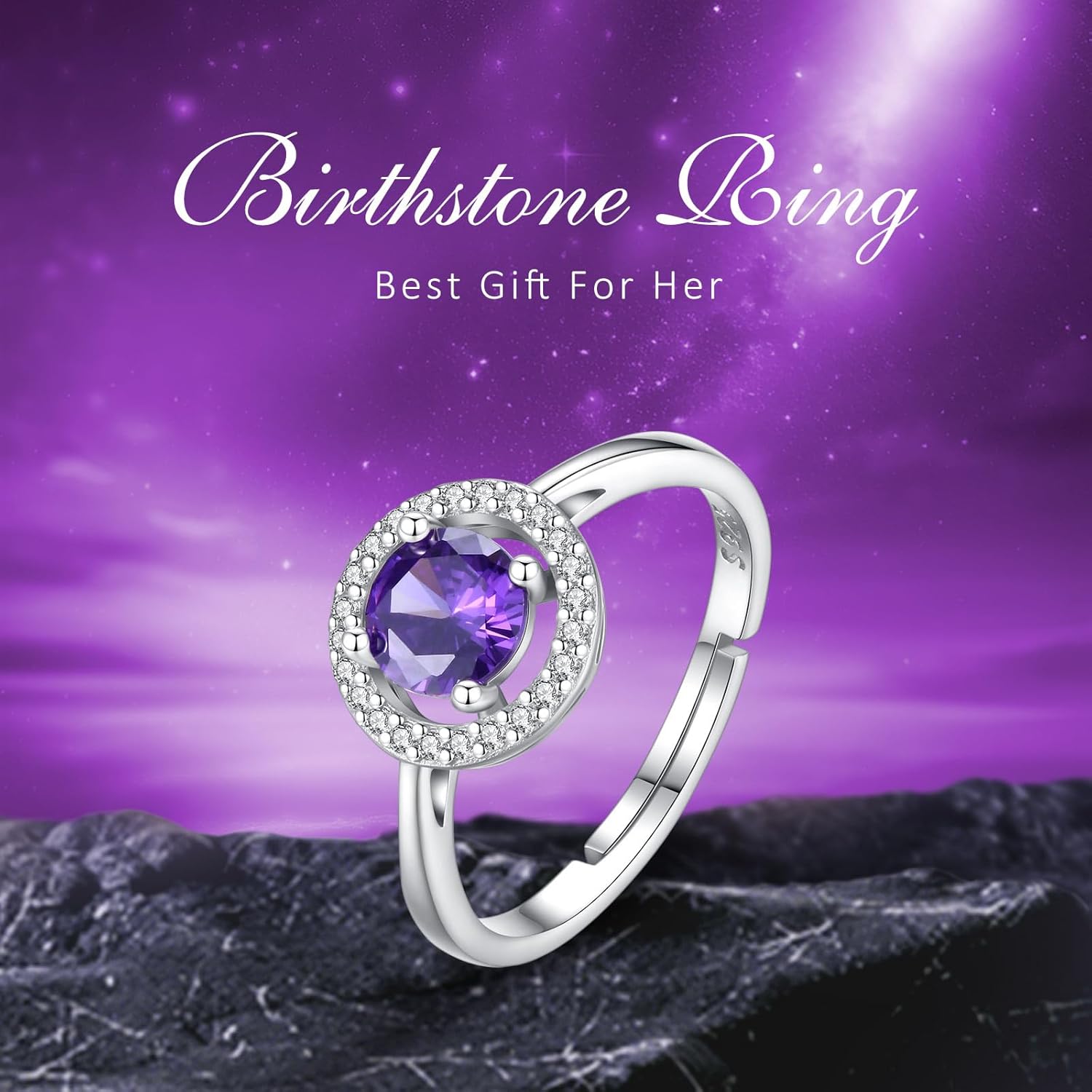 INFUSEU February Birthstone Ring Purple Stone for Women Thin Sterling Silver 925 Fashion Amethyst Violet Jewelry Gift Adjustable Size 7 6 8 Birthday Valentines Mothers Day - Image 9
