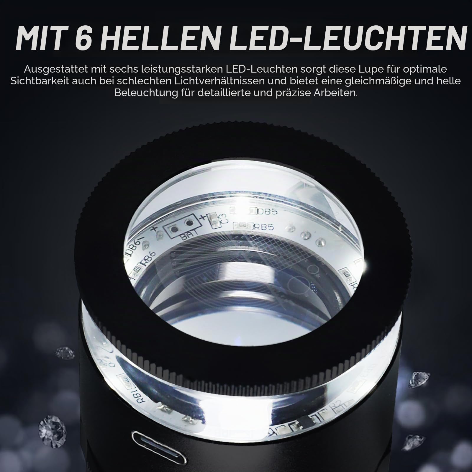 10 x wiederaufladbare Juwelierlupe mit LED-Lichtern und 3 Fadenkreuzskalen, 25 mm Sichtfeld, Verstellbarer Fokus, Augenlupe, LED-Skala, Lupe für Edelsteine, Münzen, Uhren, Briefmarken, Pflanzen