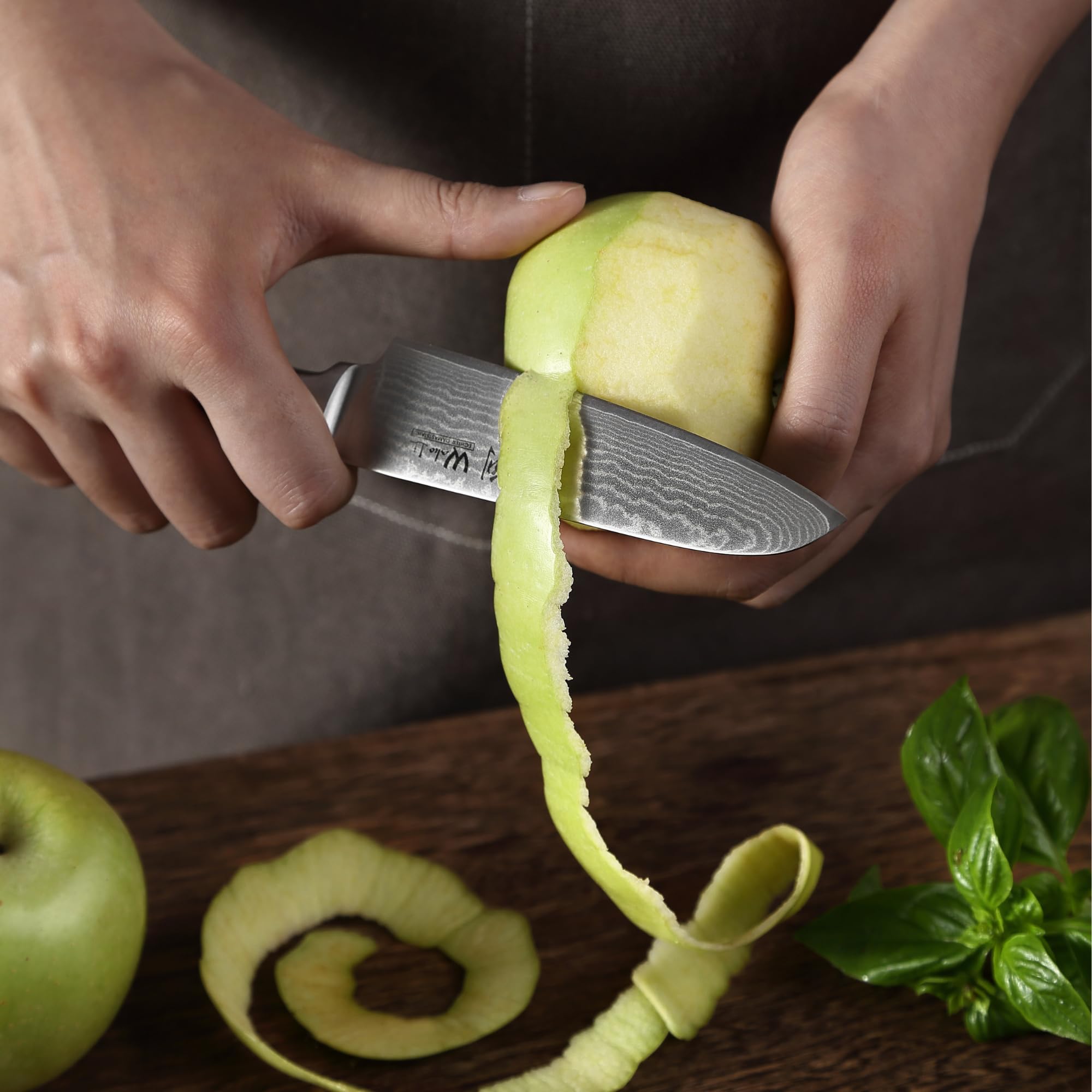 WAKOLI Edib Petit Couteau Santoku en Damas I Lame tranchante de 12 cm en acier damassé à 67 couches avec noyau VG10 et manche en bois de pakka I Couteau de cuisine professionnel & couteau damassé