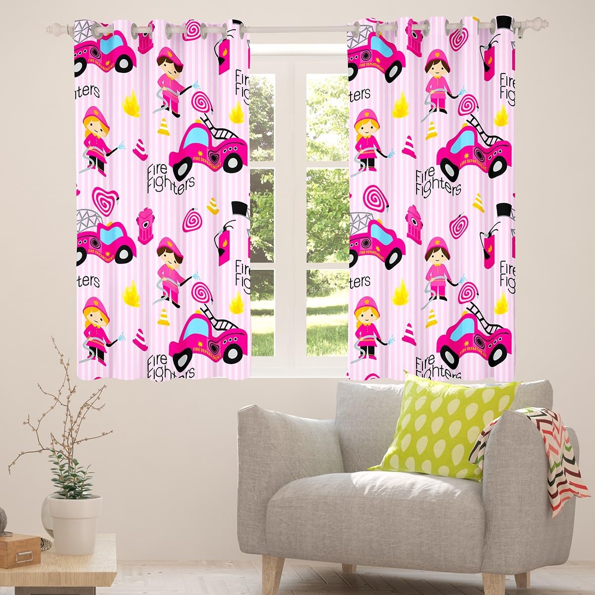 Girls Pink Fire Truck Blackout Curtains 38