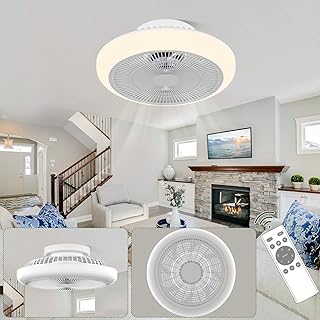 Ceiling Fans with Lights and Remote, Low Profile Bladeless Ceiling Fan with Light, Modern Flush Mount Small Ceiling Fan Dimmable LED Light for Bedroom, White, 18 Inch