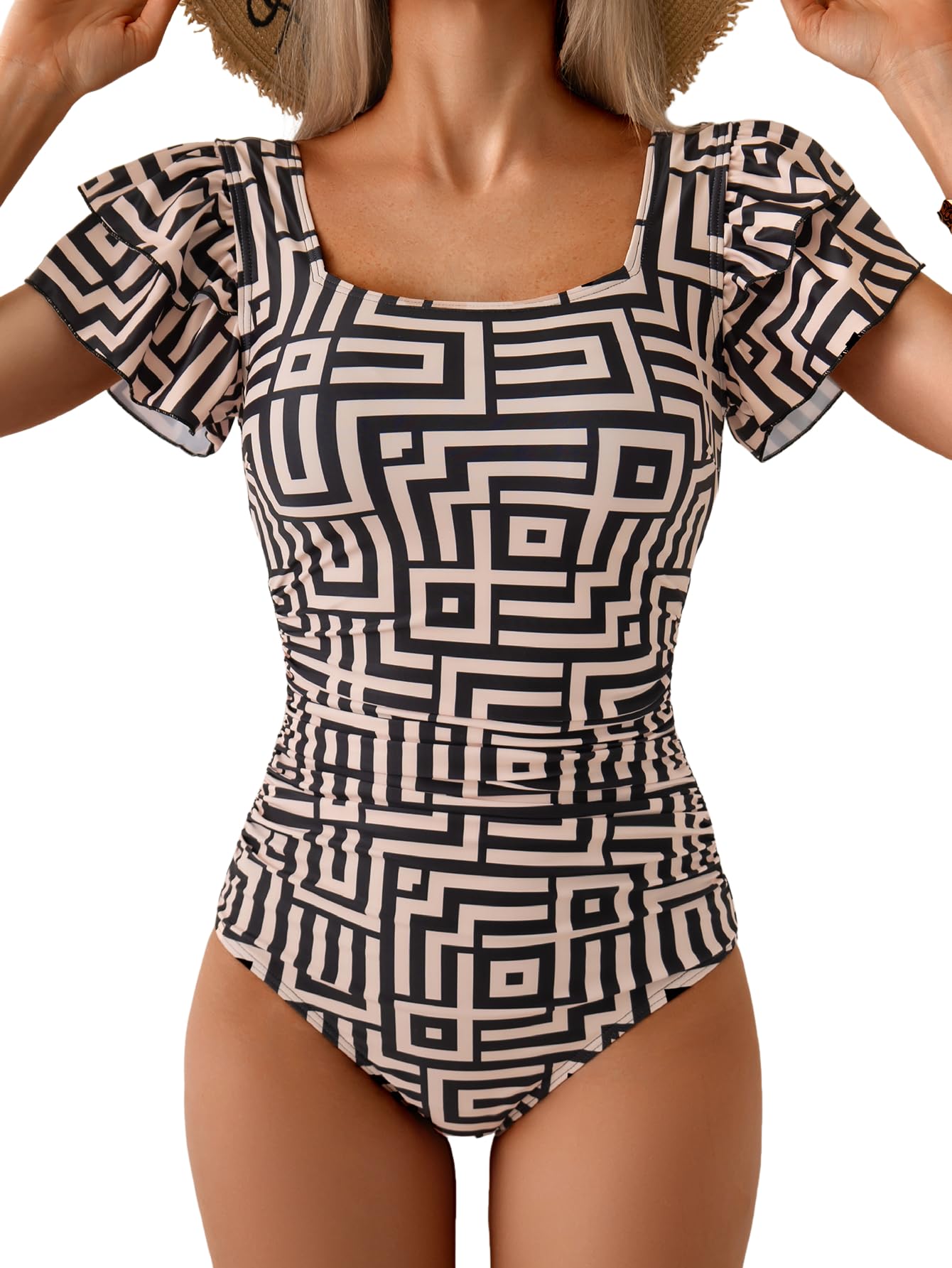 Eomenie Women's Ruffle Sleeve One Piece Swimsuit Tummy Control Bathing Suit | Square Neck, Ruched, Slimming, Modest, Cutout Back, Non-removable Padding