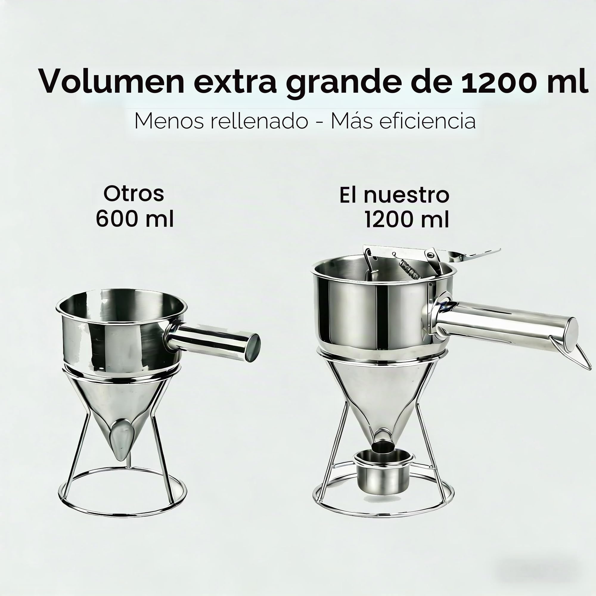 1 Embudo dosificador dispensador de masa dosificador en acero inoxidable 18/8 con medida graduada y asa + 7 boquillas de silicona + pedestal con colector de masa + bolsa | 1,2 L