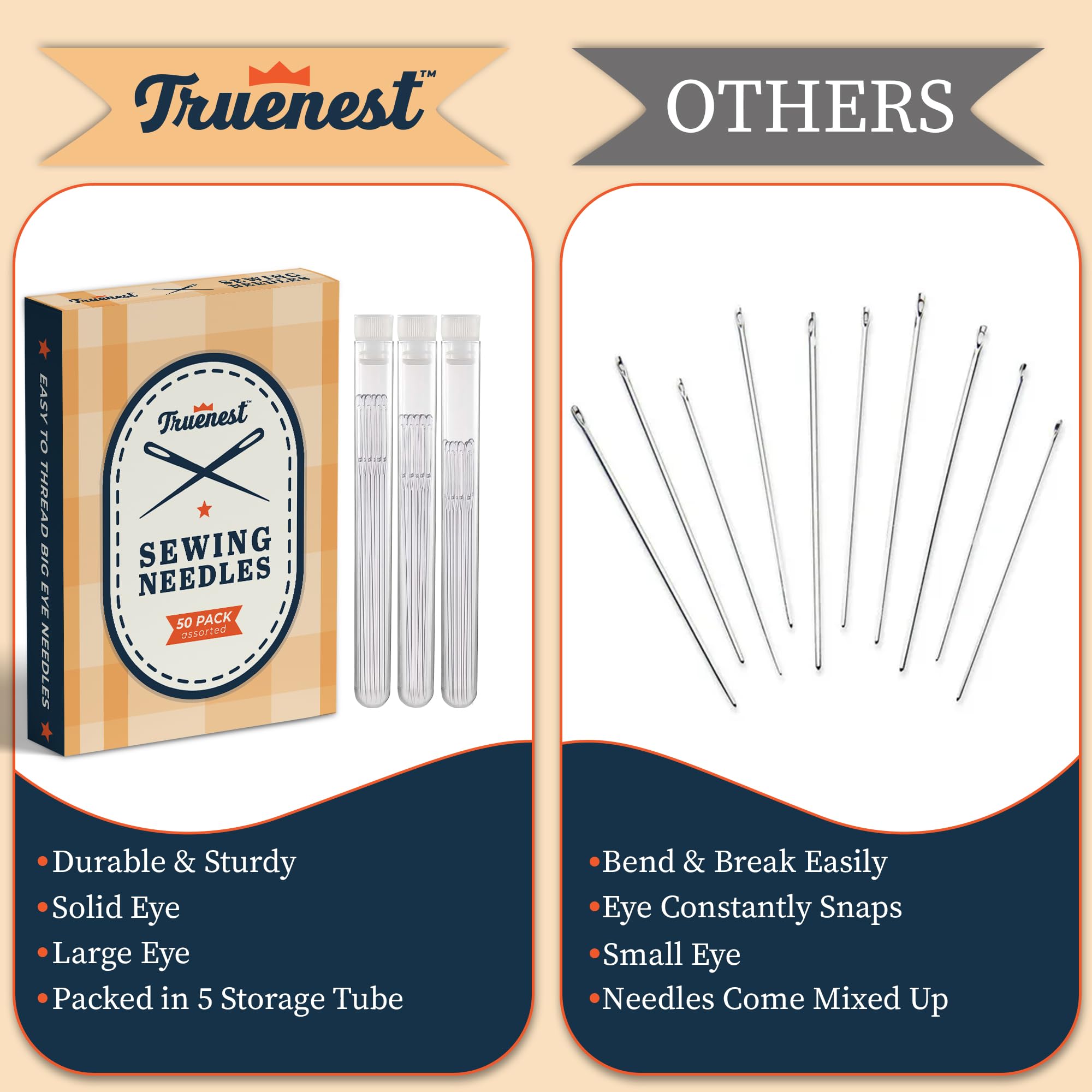 TRUENEST Nähnadel-Set 25 Stück | Mit Großem Öhr & Einfädler | Für Handnähen, Kreuzstich & Stickerei | Verschiedene Größen 4,1–6 Cm