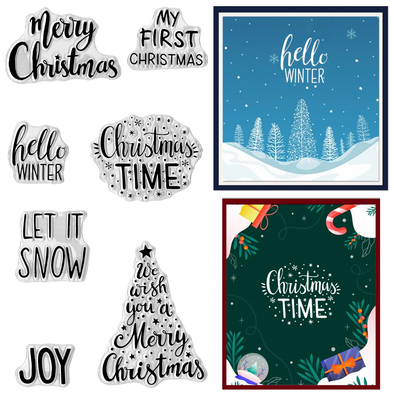 Hying Christmas Words Trees Clear Stamps for Card Making, Hello Winter Letters Rubber Stamps Christmas Greeting Words Transparent Stamp Seal for Crafting DIY Scrapbooking Photo Album Decor