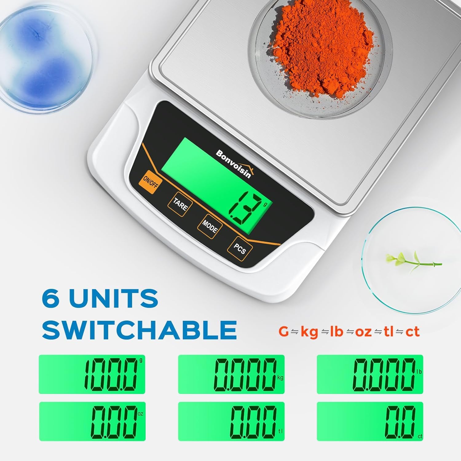 Bonvoisin Präzisionswaage 6000g x 0,1g, Digitale Laborwaage mit 6 Einheitenumrechnungen, Zähl- & Tara-Funktion, Edelstahl-Wägeplatte, Dualer Betrieb & Auto-Off, für Labor, Juweliere, Bildung