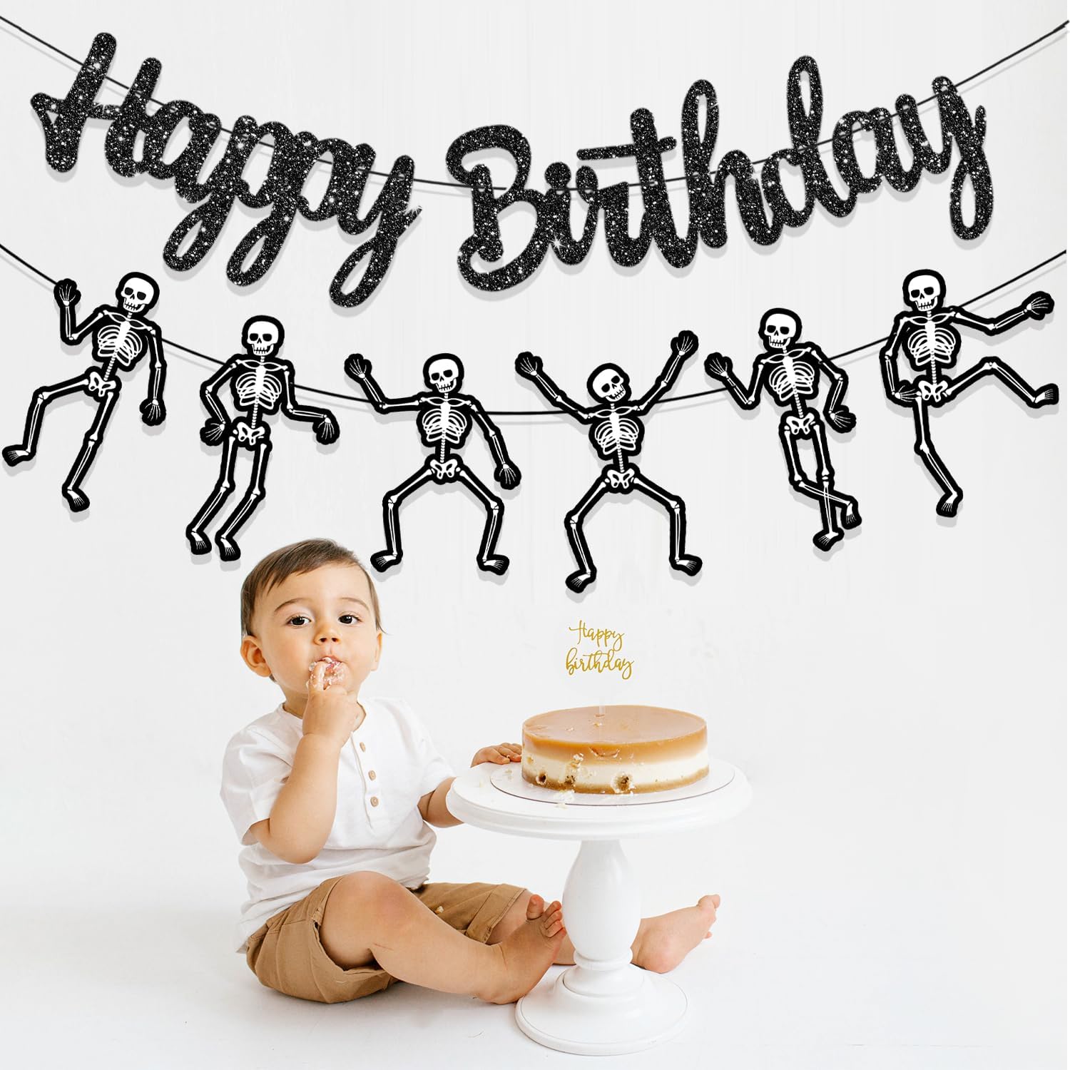 Skeleton Birthday Party Banner Halloween Party Decorations Dancing Skeleton Cutout Banner Glitter Black Skull Party Decoration for Halloween Holiday Celebration Supplies - Image 7