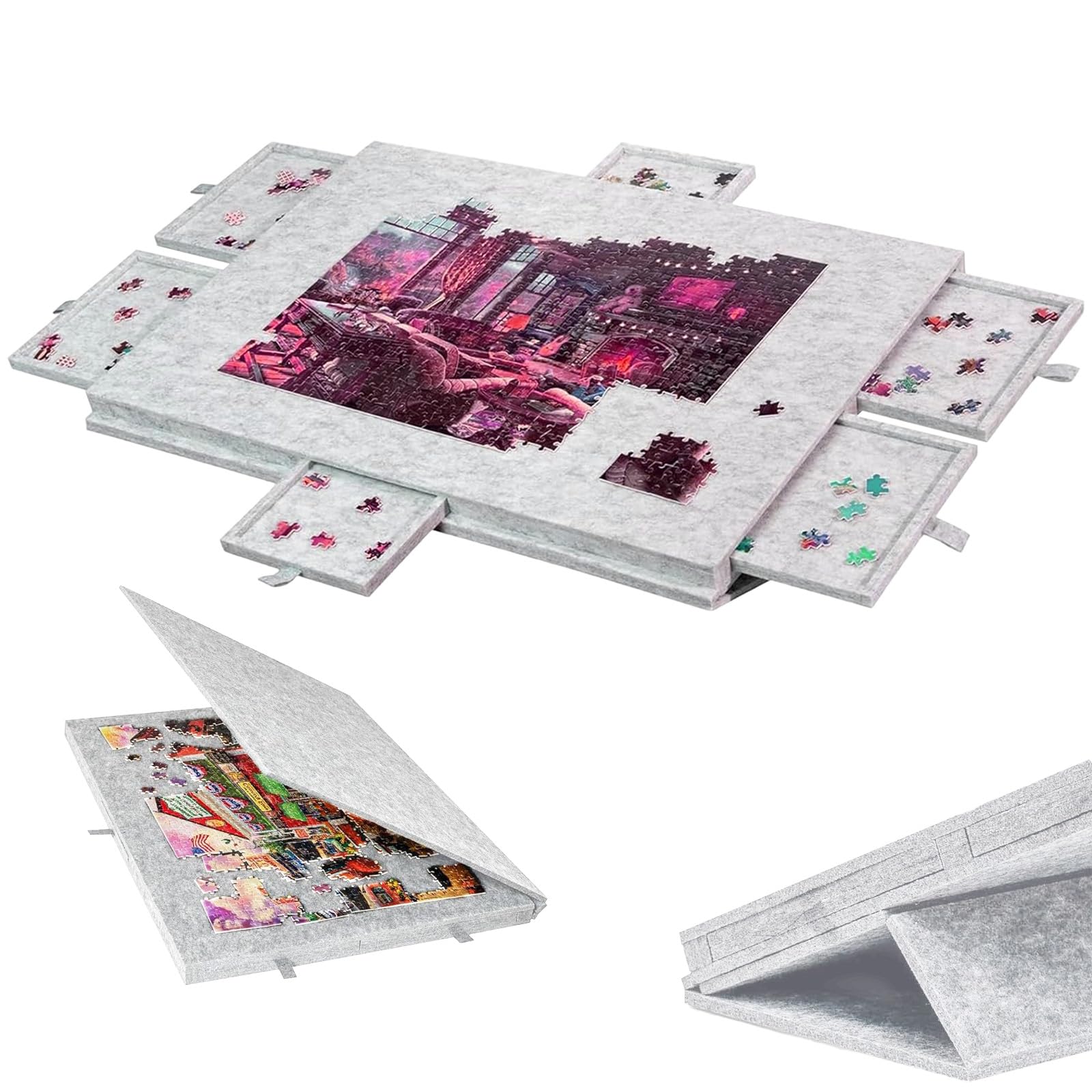 Składana deska do puzzli, 1000 elementów, przenośna deska do puzzli z 6 szufladami, pokrywa 2 w 1 i stojak na puzzle, puzzle puzzle, stół do puzzli, akcesoria do 1000 elementów (szara)