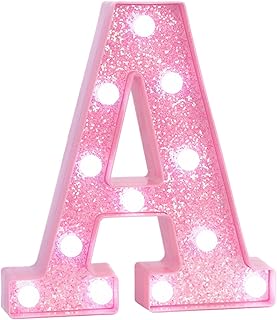 Pink LED Marquee Light Up Letters, Glitter Alphabet Letter Lights for Birthday Party Decorations, Battery Operated Letter Signs for Girls Room Table Decor, Pink letter A with Cool White Lights