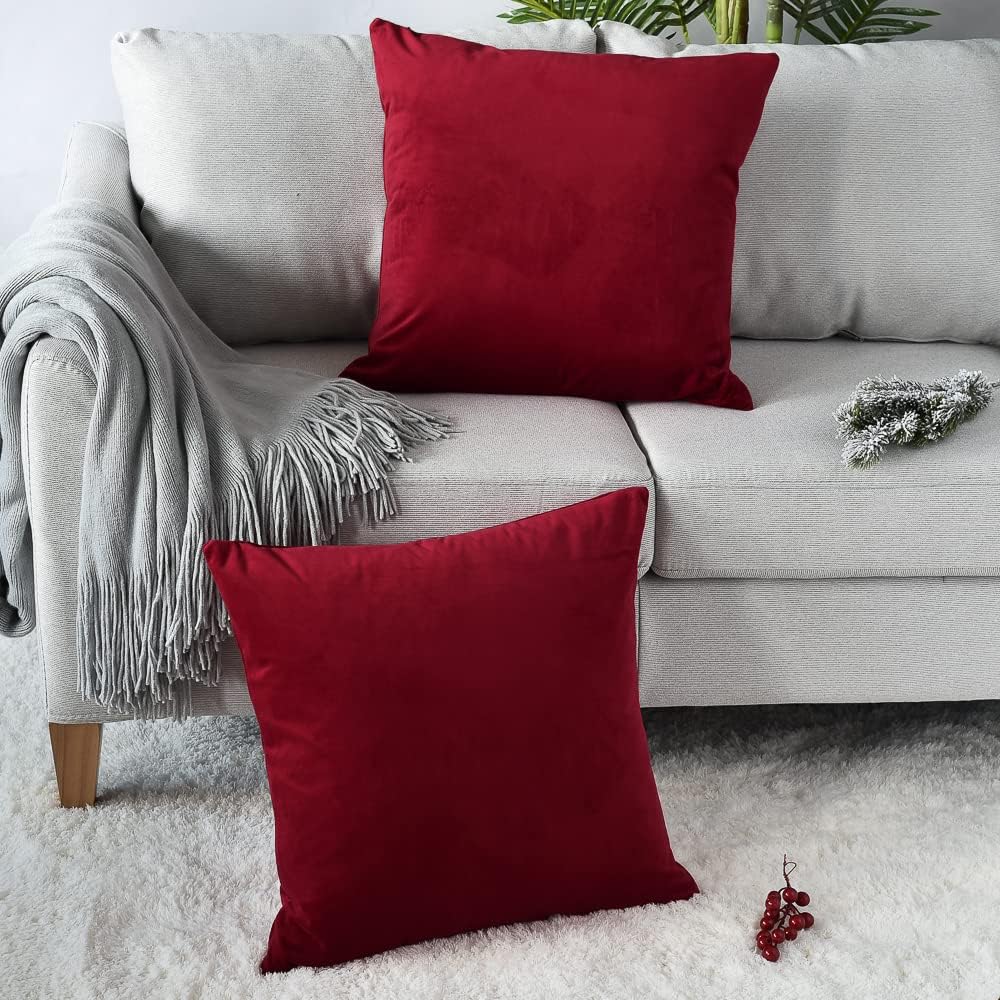 Set of 2 Comfortable Throw Pillow Covers for Bedding, Decorative Accent Cushion Sham Cases for Couch Sofa, Soft Solid Velvet with Zipper Hidden - 20"x20", Deep Red
