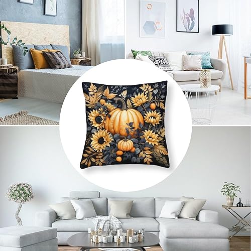 Miniatura 5 de Fundas de almohada cuadradas de satén con diseño de calabaza, color negro y naranja, funda cuadrada de otoño, cosecha, Acción de Gracias, verano,
