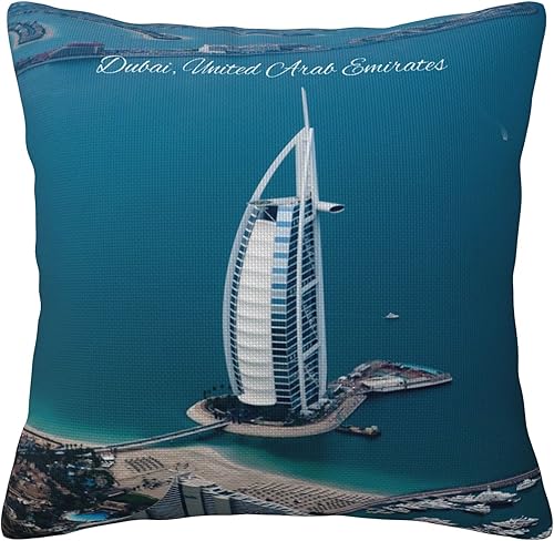 Dubai - Funda de almohada decorativa moderna de 16 x 16 pulgadas, diseño de fotografía de paisaje, increíble Burj Al Arab en Dubai, diseño cuadrado
