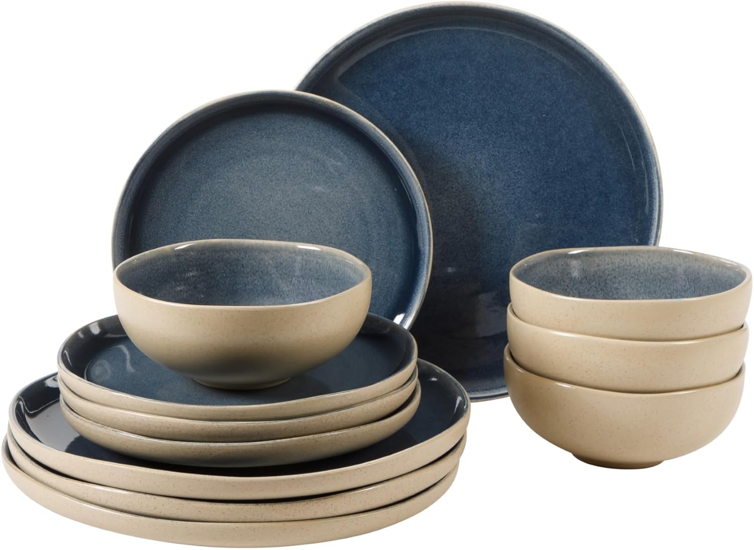 Gibson Elite Manila Bay 12-Piece Stoneware Dinnerware Set, Service for 4, Reactive Glaze Modern Artisan Plates, Bowls & Mugs, Blue, Round Design