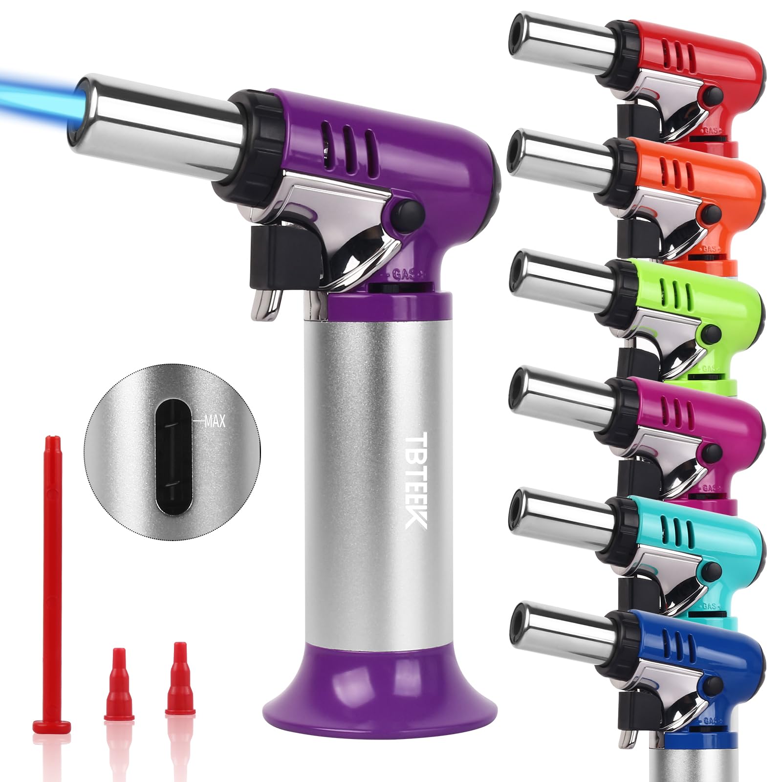 TBTeekButane Torch with Fuel Gauge T907, One-hand Operation Kitchen Torch Lighter with Adjustable Flame for BBQ, Baking, Brulee Creme, Crafts and Soldering(Butane Gas Not Included), Purple