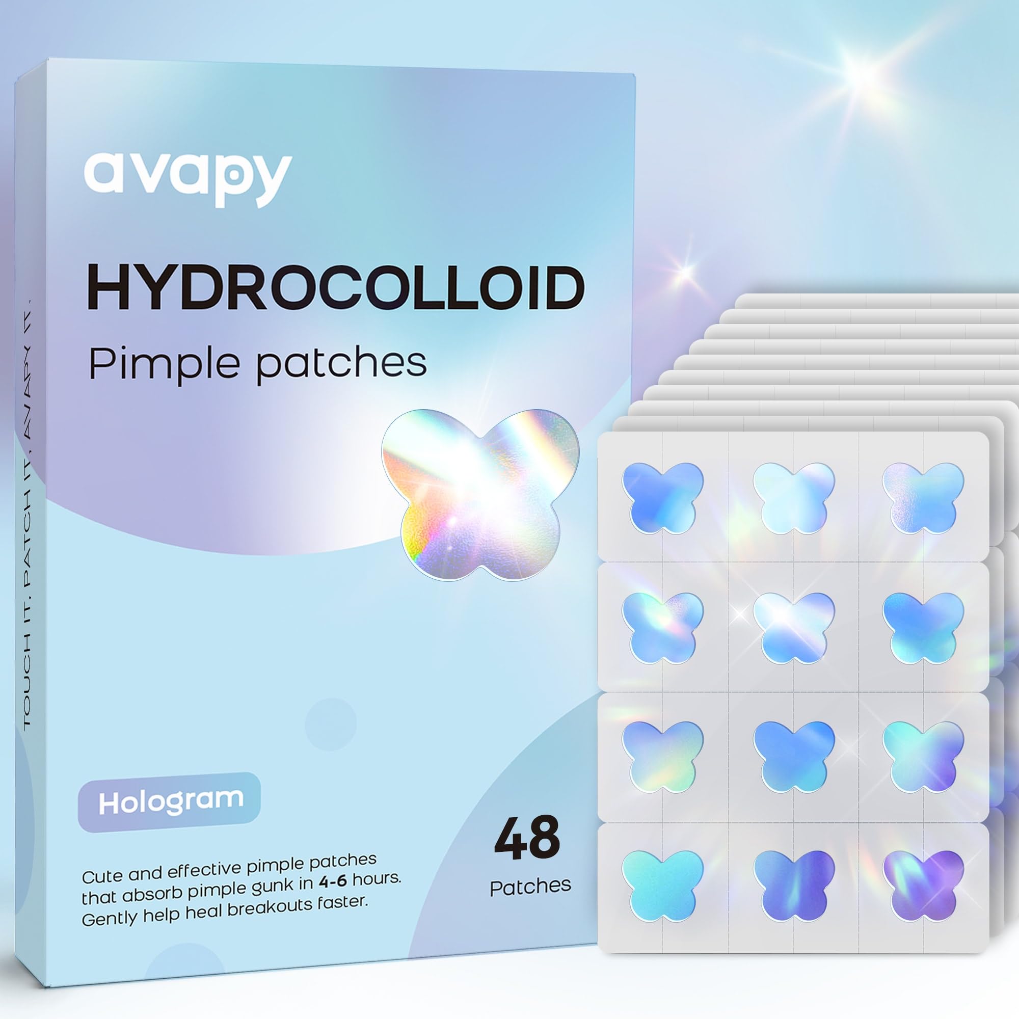 AVAPY Pimple Patches for Face, Cute Hydrocolloid Acne Patches, Colorful Hologram Butterfly Sport Stickers, Zits & Blemish, Pimple Patch with Salicylic Acid, Blue Butterfly12MM (48 Count)
