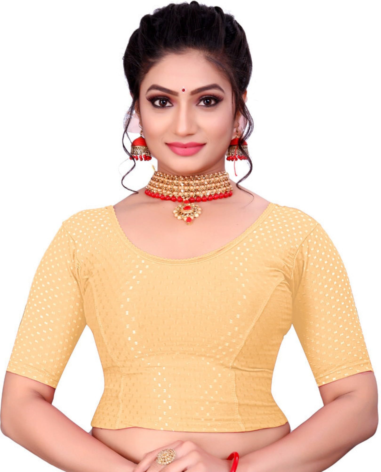 Plain Dobby Cotton Lycra Blend Strechable Readymade Saree Blouse for Women Casual wear Comfort Blouse Round Neck Half Sleeves-image-43