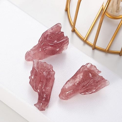 Miniatura 8 de Estatua de calavera de cabeza de dragón de bolsillo con piedra preciosa natural de cuarzo fresa, escultura de cabeza de dragón tallada con cristal