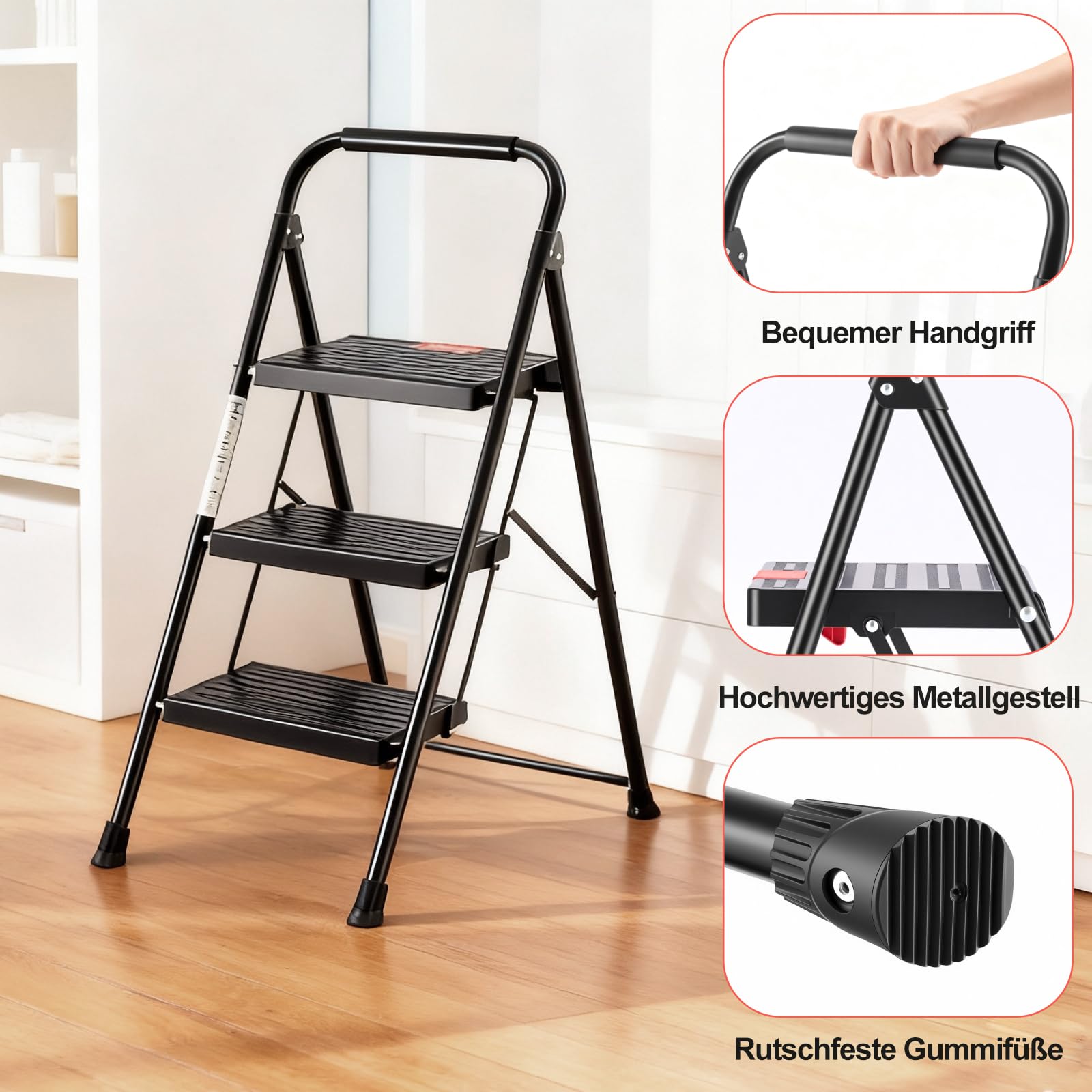 Sweetcrispy Trittleiter 3 Stufen klappbar, Klapptritt für Zuhause, stabile Anti-Rutsch-Leiter mit Handlauf, kompakte & leichte Klappleiter, bis 150 kg belastbar, ideal für Haushalt & Büro, Schwarz