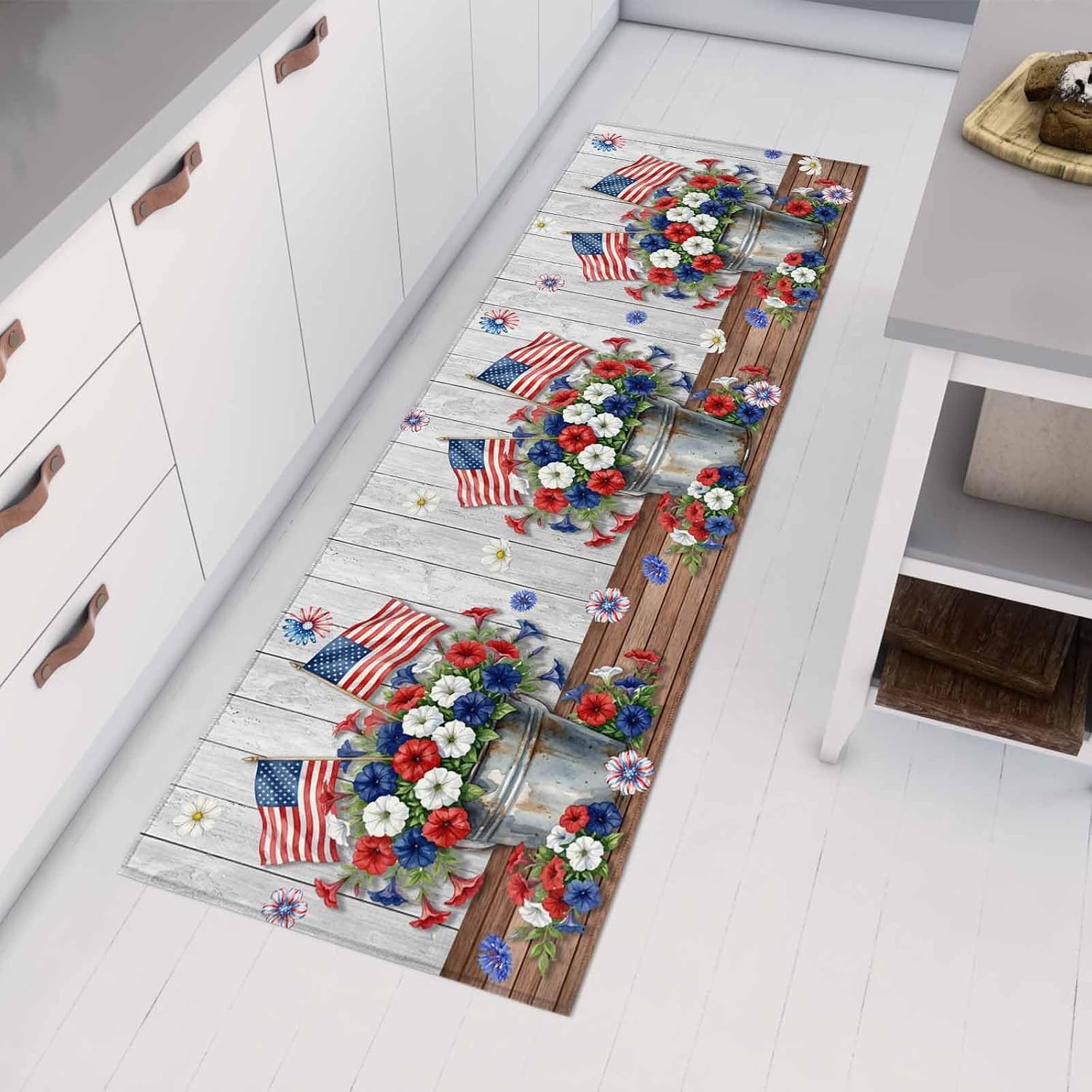 Teamery Kitchen Mats for Floor Independence Day 250th Anniversary Washable Non Slip Kitchen Rugs 1PCS, USA Flag Flowers Absorbent Standing Mats for Sink Bathroom Office Living Room 15.7x47.2in
