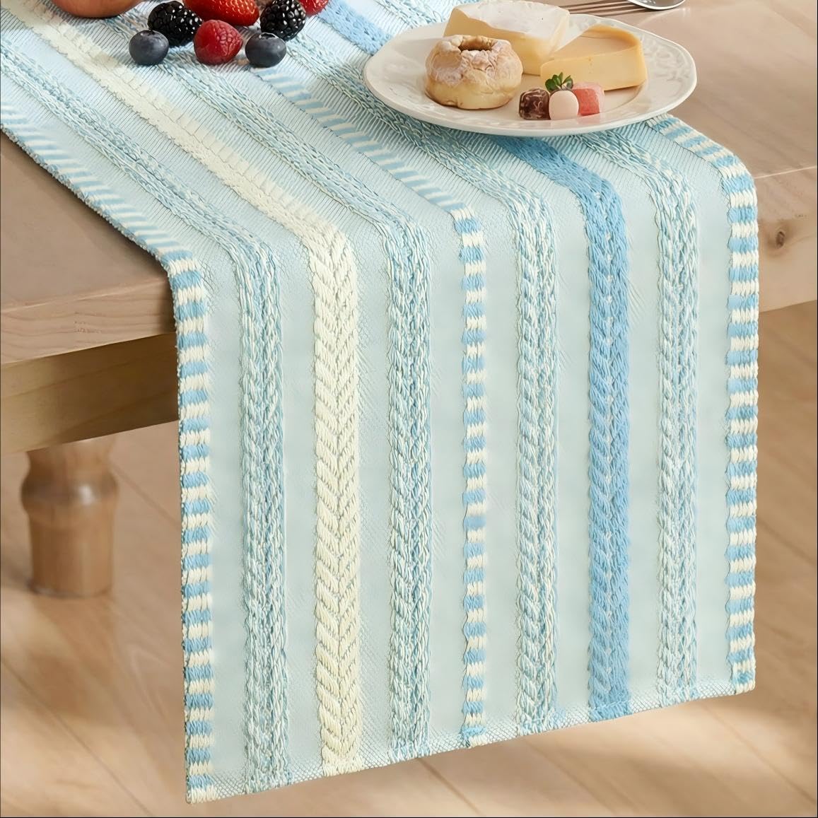 Photo 1 of Artoid Mode Sky Blue Farmhouse Stripe Braided Table Runner 12x72 Inch