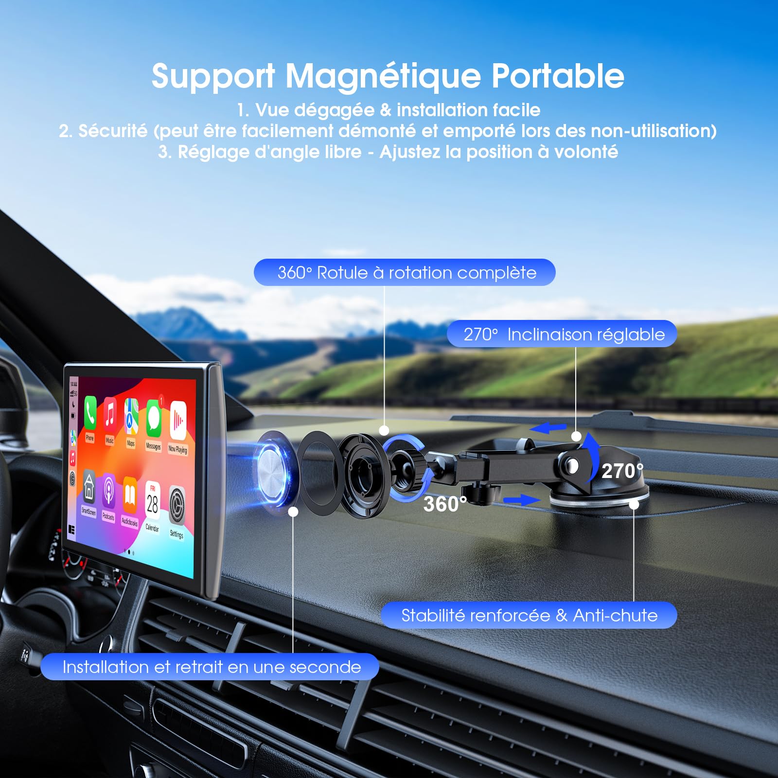 Avylet Écran 7'' A-pple Carplay Voiture, Android Auto sans Fil Tactile Portable, Navigation GPS, Contrôle Vocal Google/Siri, Radio Bluetooth, AUX/FM, Mirror Link, OTA