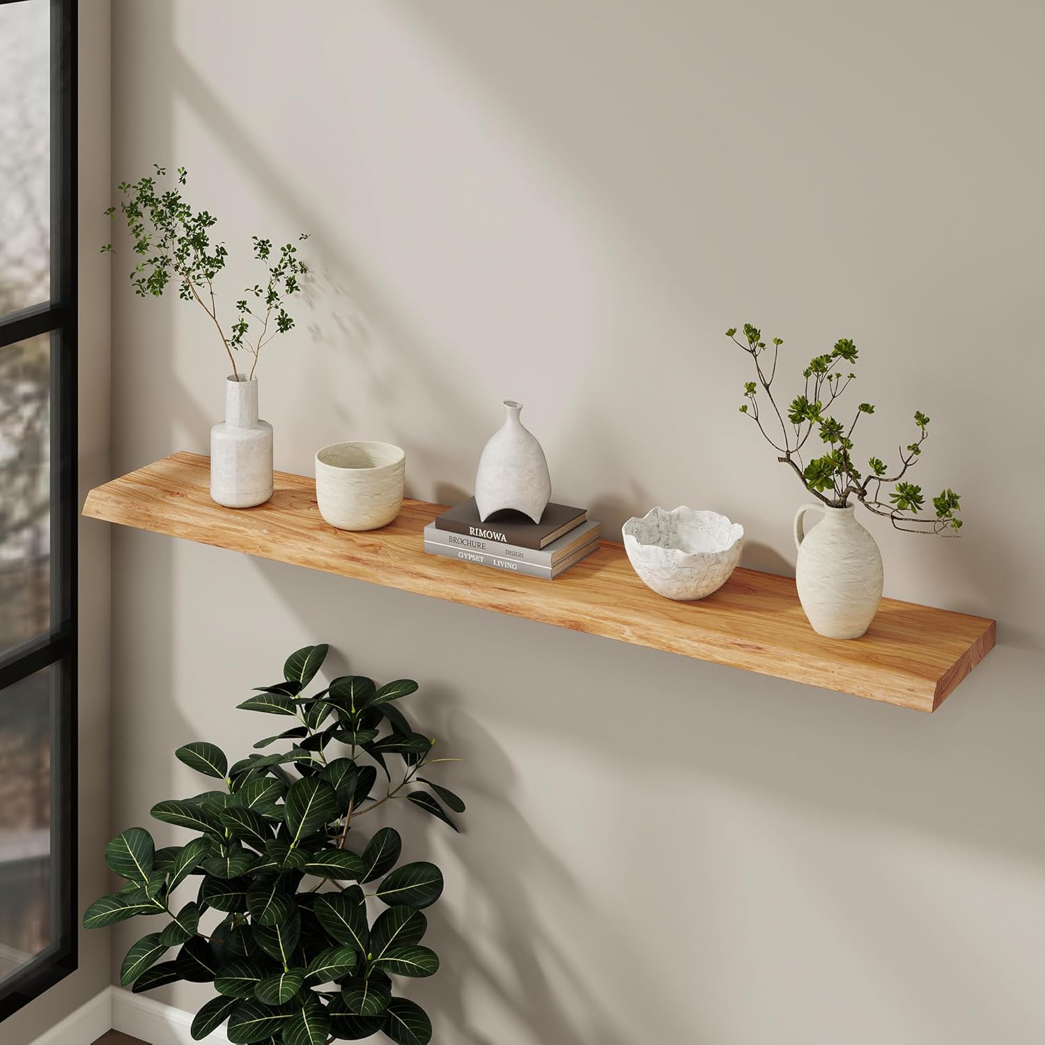 Fun Memories 55 Inch Wood Floating Shelves, Live Edge 9.3" Deep Large Wall Shelves for Storage, Wall-Mounted Display Shelves with Invisible Heavy-Duty Metal Bracket for Living Room Bedroom, Natural