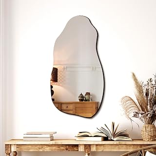 TRAHOME Irregular Asymmetrical Wall Mirror 32x18 Modern Frameless HD Glass Hook Hanging for Living Room Bathroom Entryway