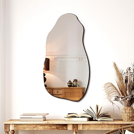 Irregular Asymmetrical Wall Mirror for Living Room Bathroom Entryway, Modern Decorative Mirror Hanging (Hook Style, 32'' x 18'')