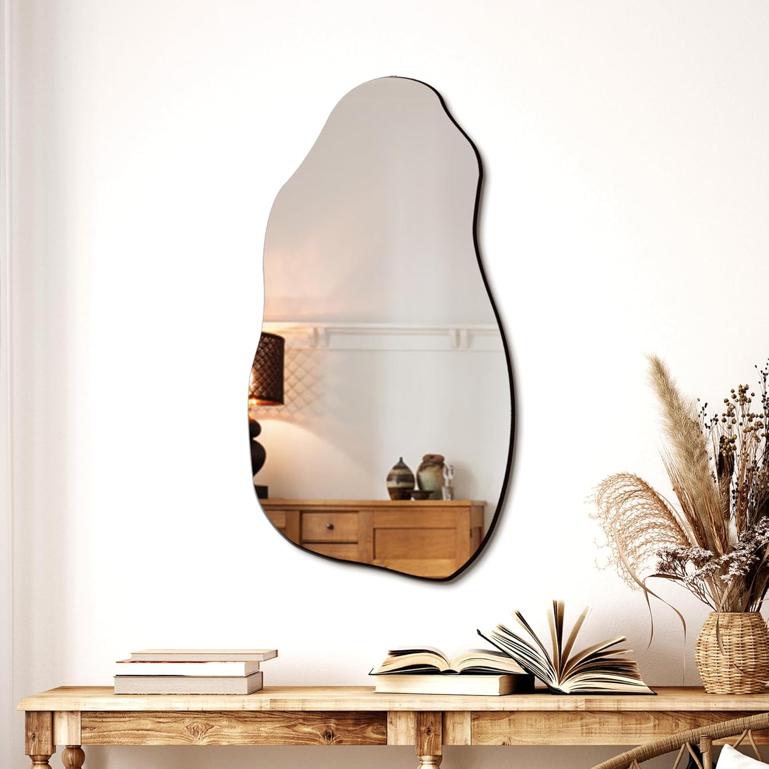 Irregular Asymmetrical Wall Mirror for Living Room Bathroom Entryway Modern Decorative Mirror Hanging Hook Style 32 x 18