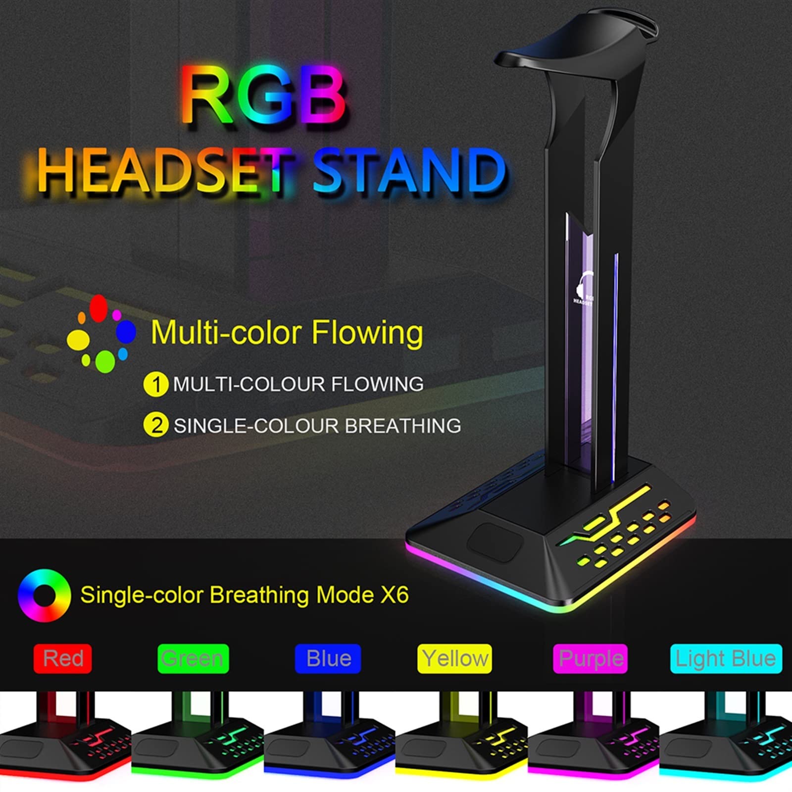Supporto per cuffie RGB con porta di ricarica USB, supporto per cuffie da gioco da scrivania con 7 modalità di illuminazione e base in gomma antiscivolo, adatto a tutti gli accessori per auricolari
