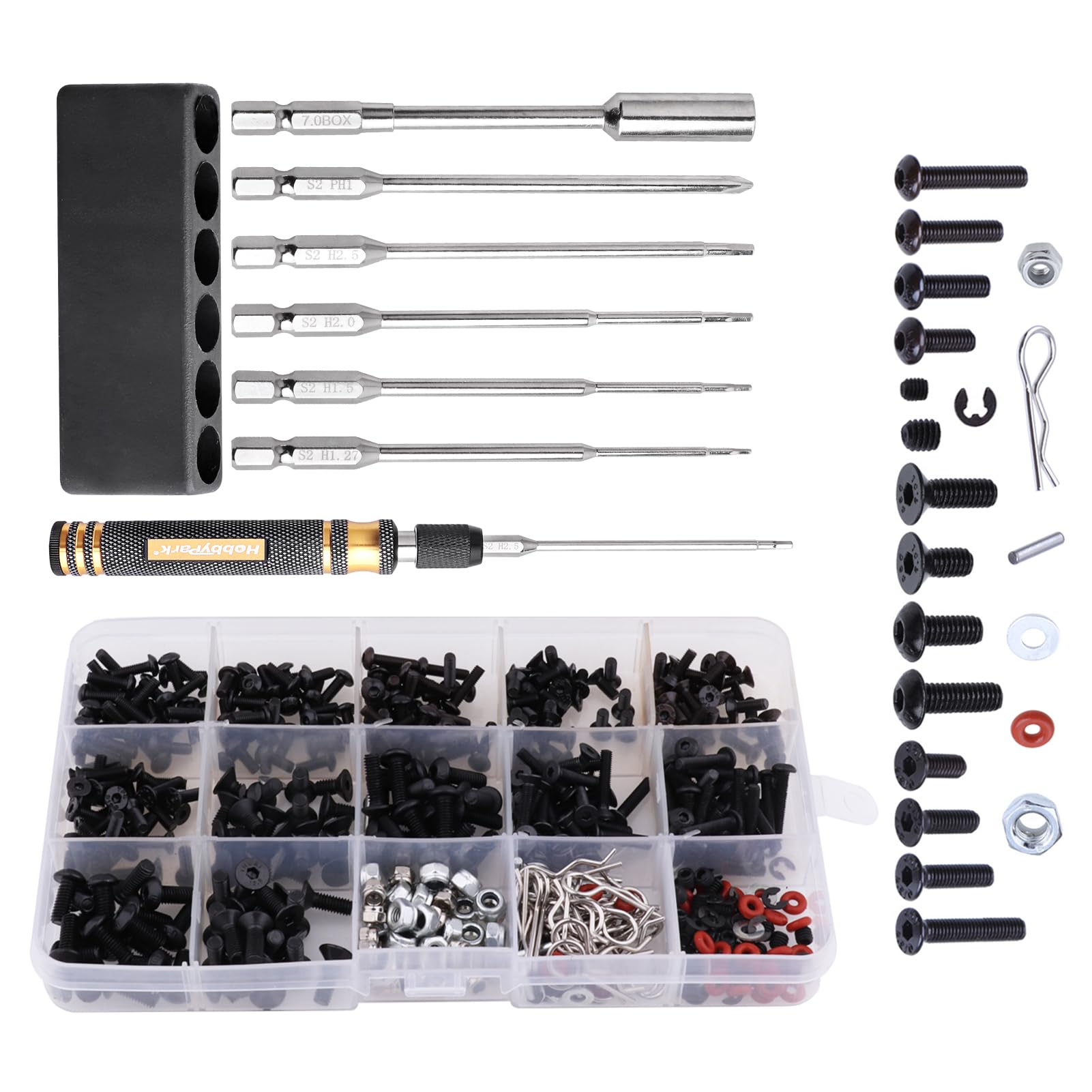 HobbyPark Kit de tornillos RC para coche, 530 piezas y herramientas, juego de destornilladores de 1/4 pulgadas, mango hexagonal de 1,27/1,5/2,0/2,5 mm, destornillador de tuerca hexagonal de 7 mm