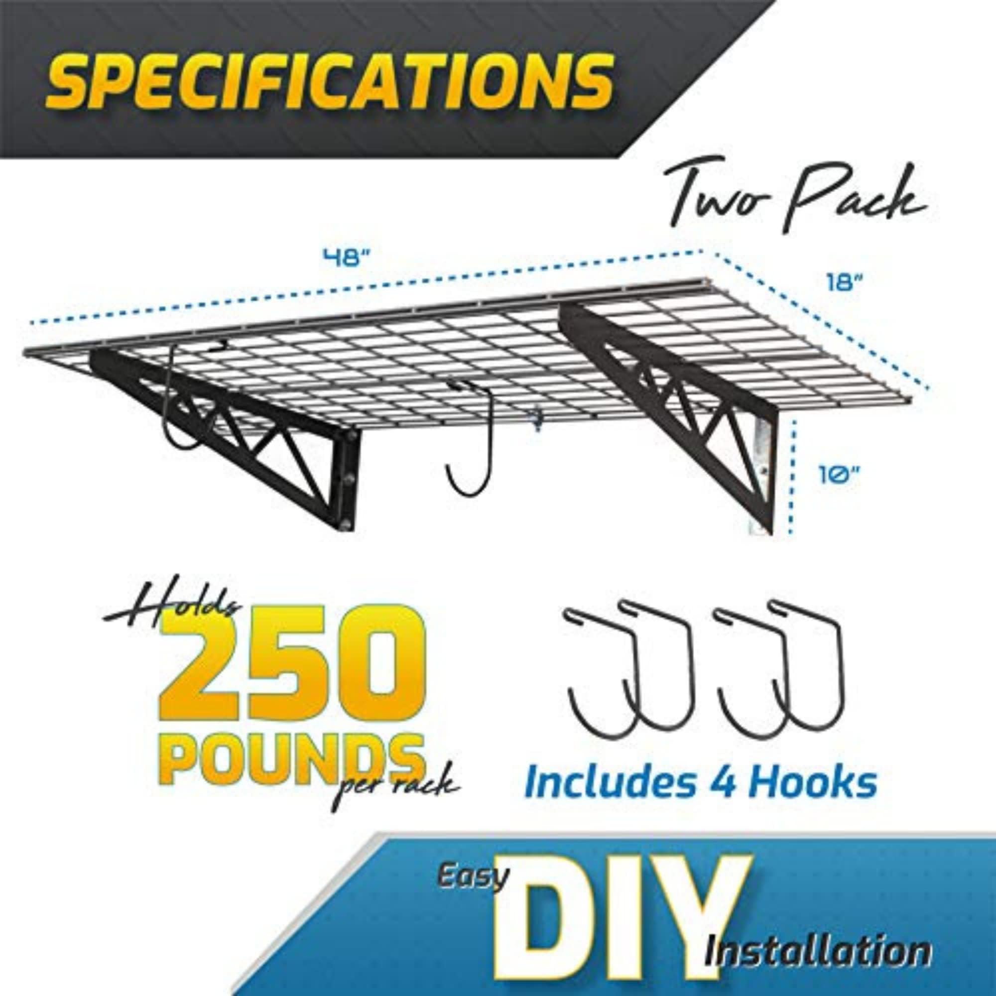 MonsterRax Garage Wall Shelf Two-Pack White or Hammertone Three Size Options Includes Bike Hooks 500lb Weight Capacity (Hammertone, 18"x48")