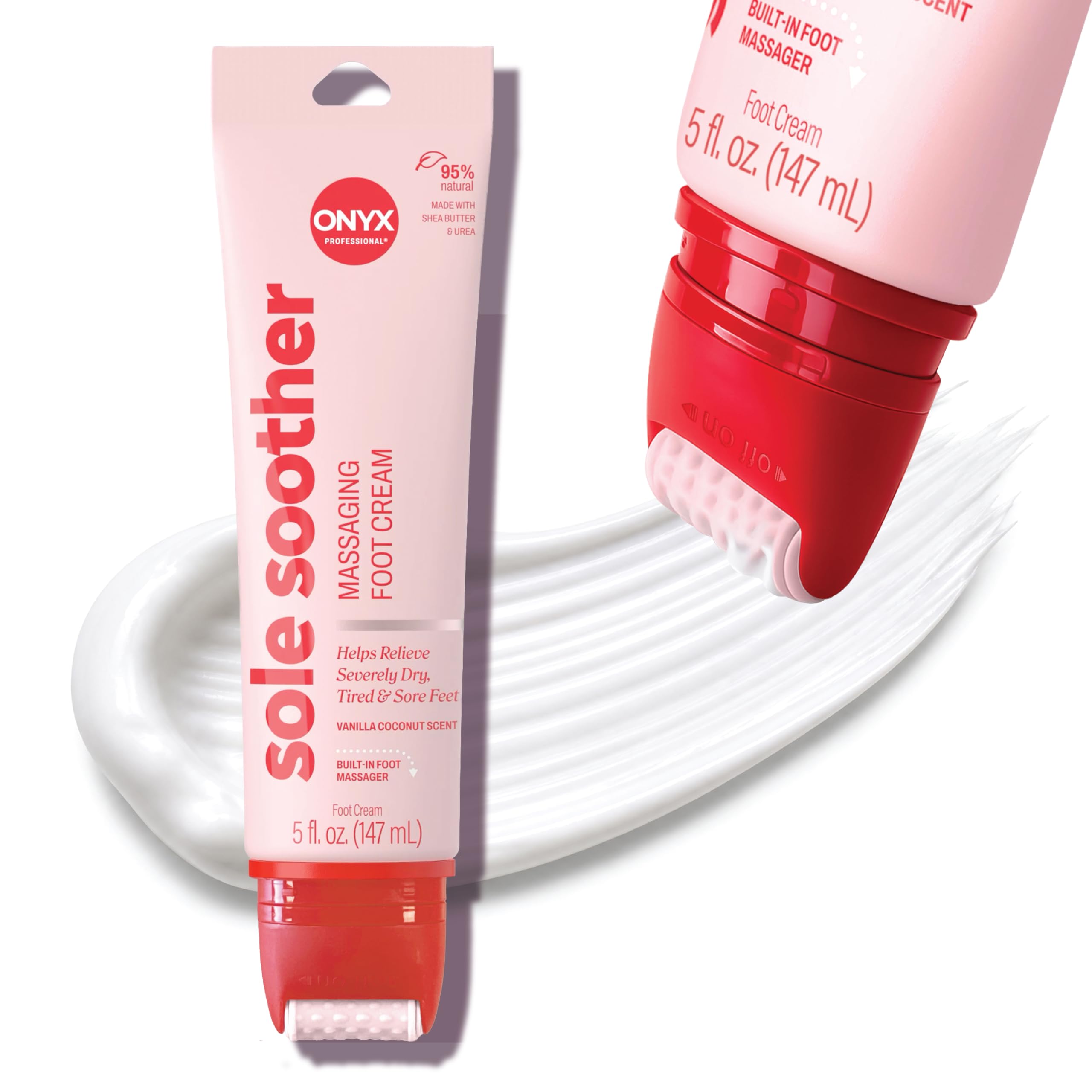 Onyx Professional Sole Soother Foot Cream, Vanilla Coconut Scent, 5 fl oz - Built-In Foot Massager, Urea Foot Cream that Massages & Moisturizers Feet