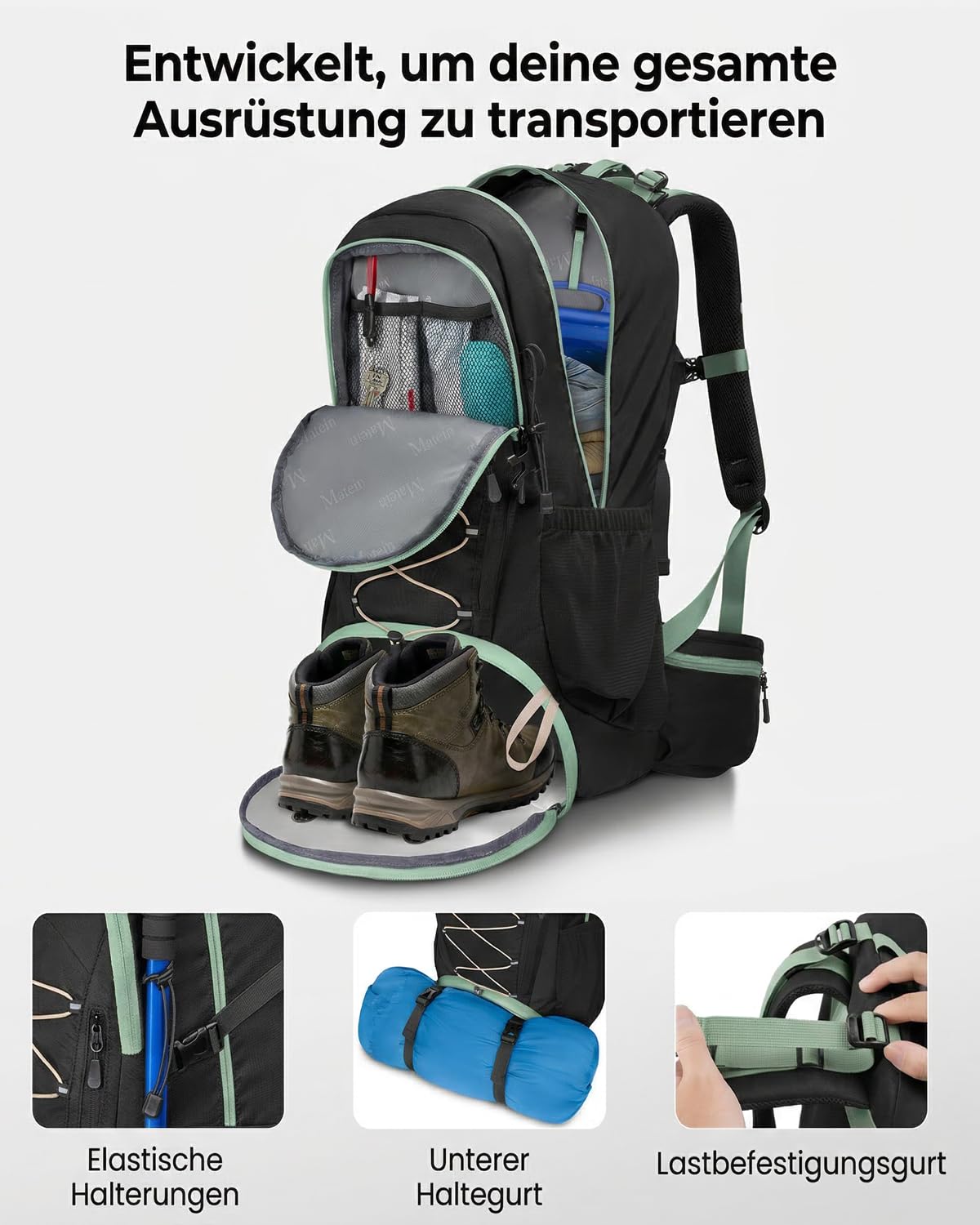 MATEIN Wanderrucksack Herren Damen, Wanderrucksack 40L mit Schuhfach & Hüftgürtel, Trekkingrucksack mit Regenschutz, Rucksack wandern Herren Leichtgewicht für Wandern, Outdoor, Hiking, Reise, Schwarz