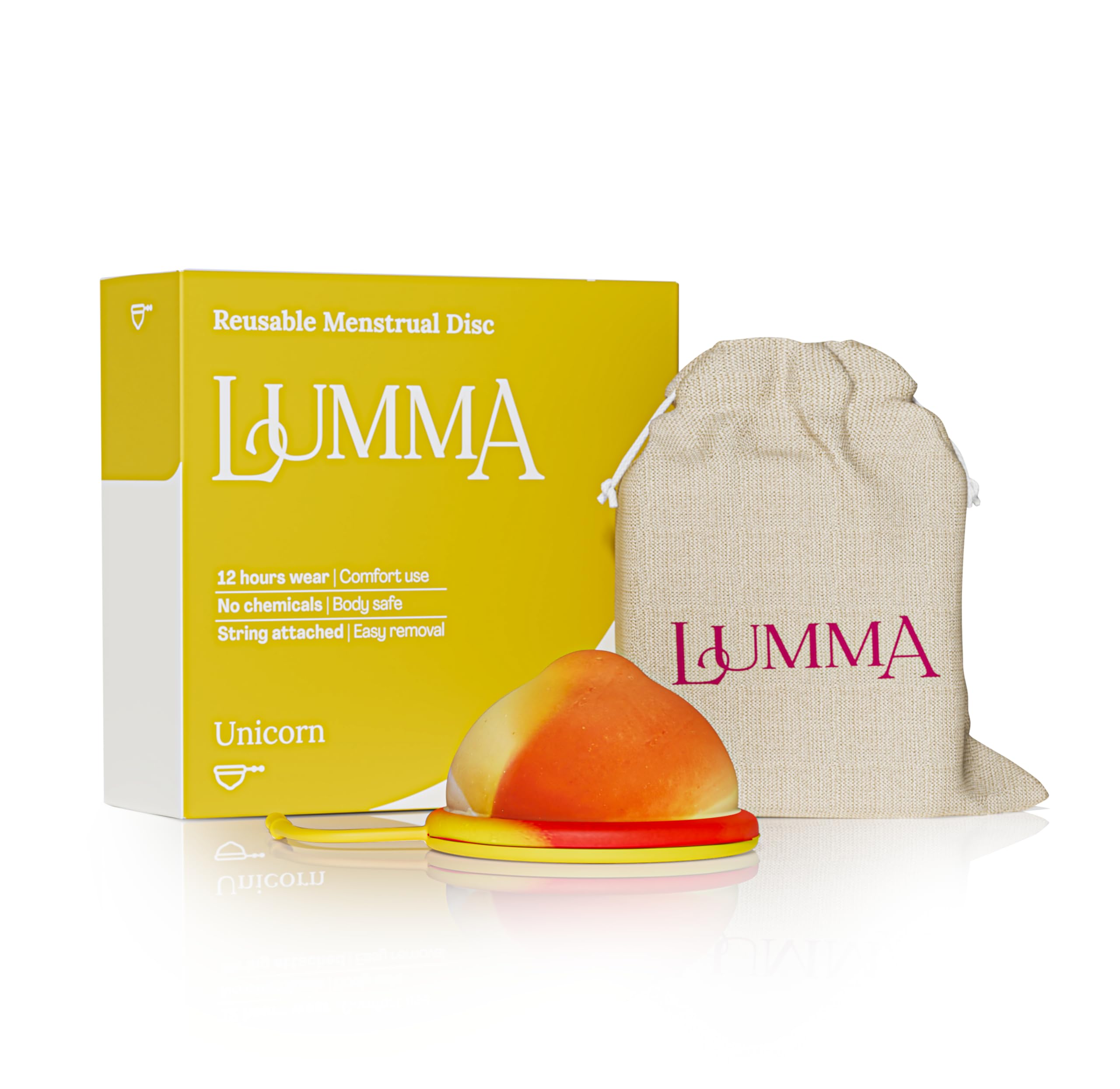 LUMMA Menstrual Disc | Includes Carrying Pouch and Silicone String for Easy Removal | Comfortable & Sustainable Choice to Tampons | Reusable Medical Grade Silicone, Leak-Proof (Unicorn, Shot)