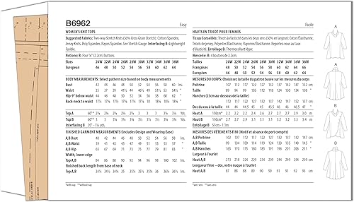 Miniatura 2 de Butterick Kit de patrón de costura para mujer, con cuello vuelto, código de diseño B6962, 30W-32W-34W-36W-38W, multicolor