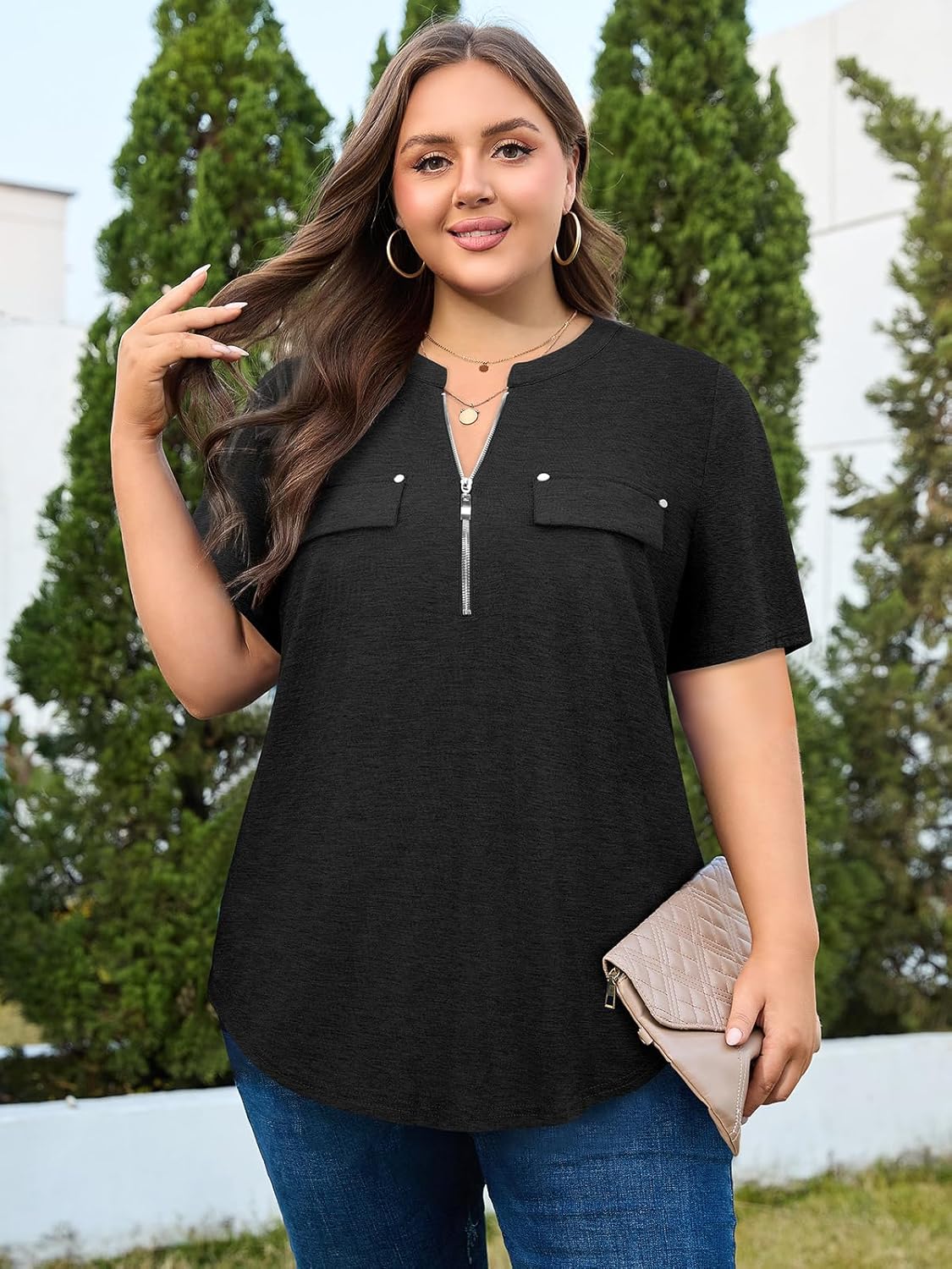 Siddhe Women 3/4 Sleeve Plus Size Tunics Zip Front V-Neck Tops Casual Loose Fit T Shirt Blouse - Image 2