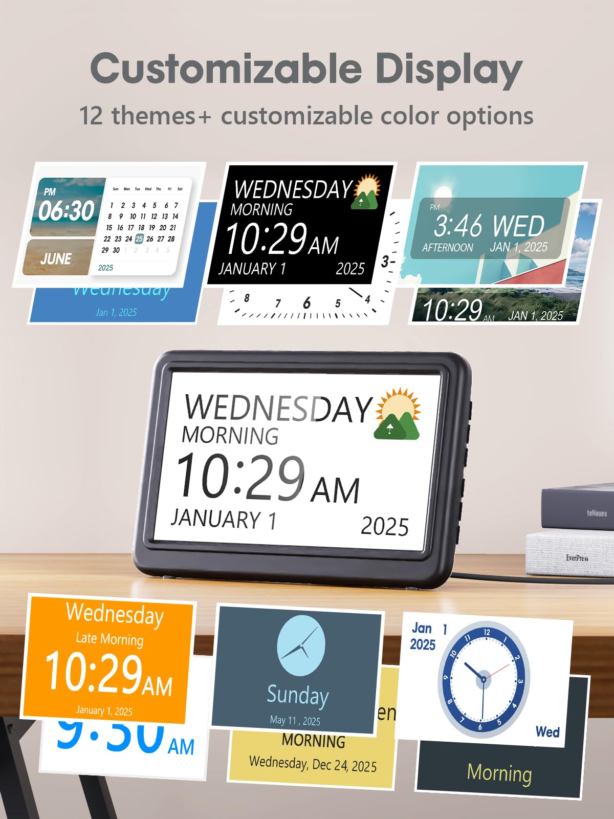 ROCAM Despertador Digital de 7", Calendario con Fecha y Día, 20 Alarmas y Recordatorios, Pantalla Grande, Navegación Fácil, 10 Brillo Ajustable, DST Automático, Ideal para Personas Mayores, 6 Idiomas